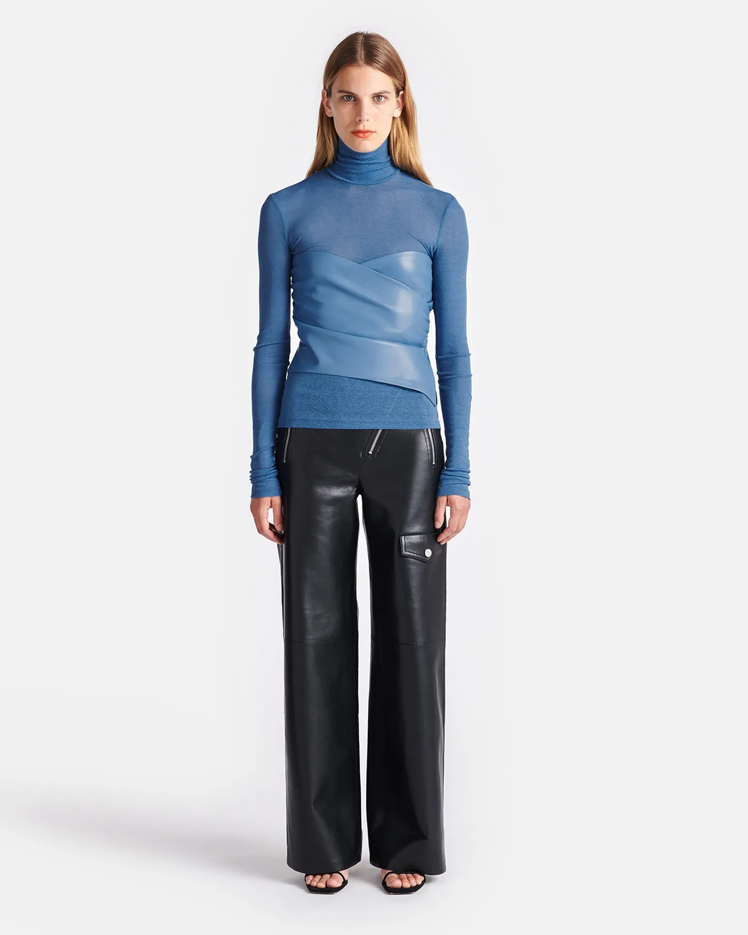 Kynlee - Mesh Jersey And Okobor? Alt-Leather Top - Blue Layered Neckline Details