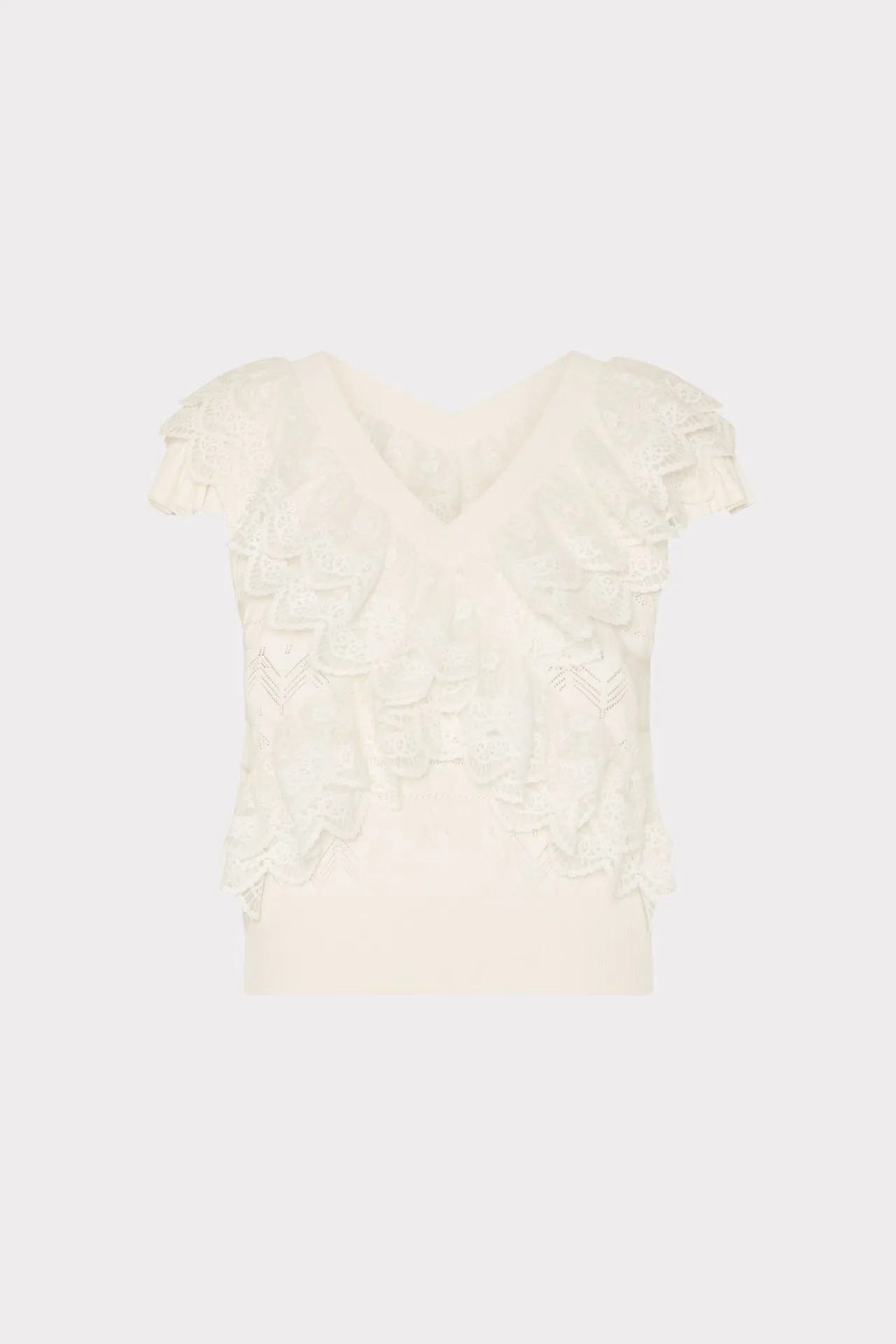 LowProfileSeams Metallic Fiber Blend Lace Ruffle Knit V-Neck Top