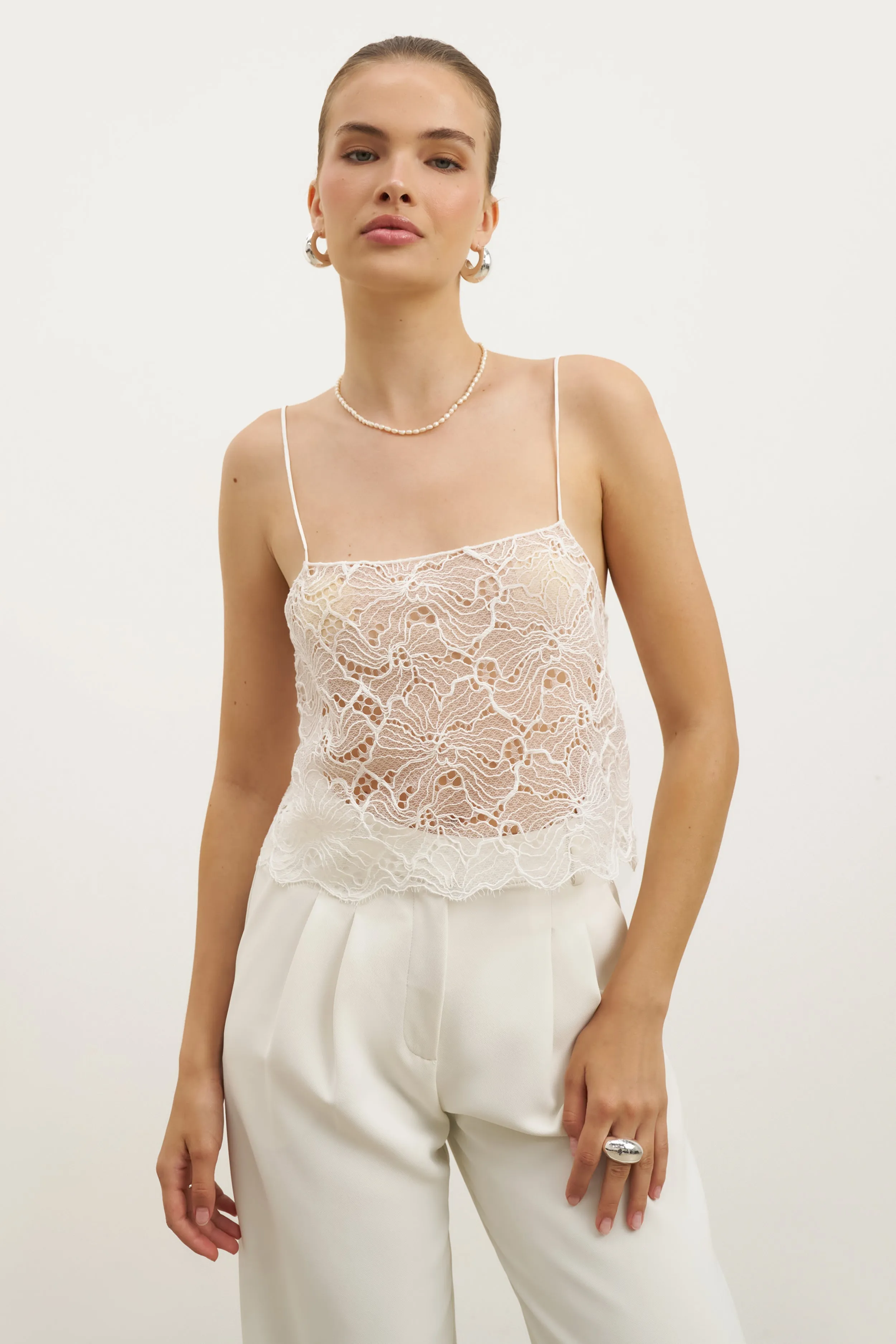 EthicallySourced DoubleStitched Hem Lace Square Neck Camisole - White