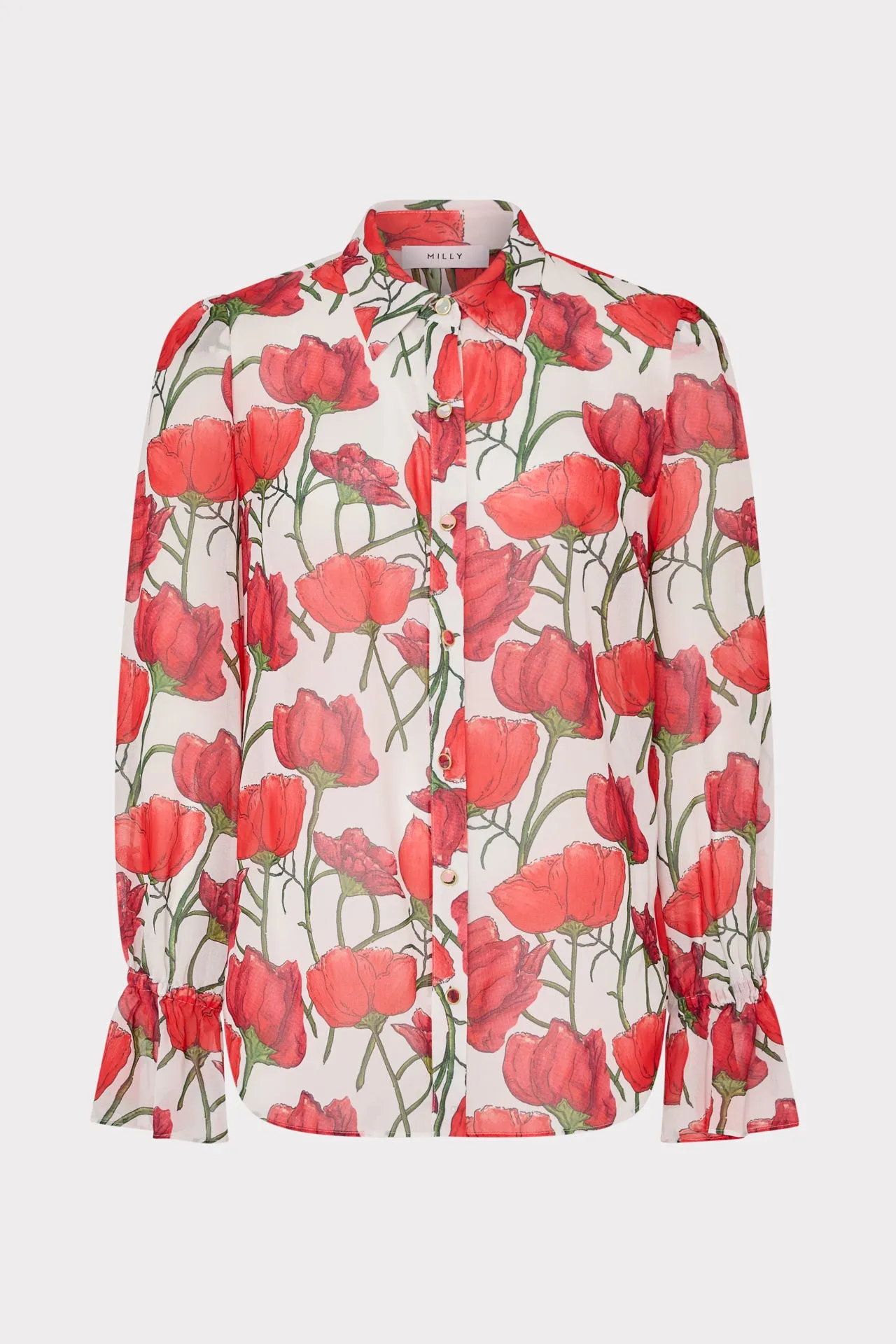 Microfiber Material Shrinkage Prevention Treatment Lacey Red Peonia Blouse