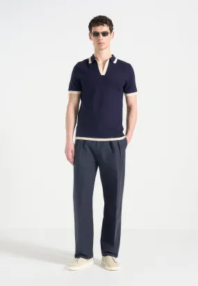 Lambert - Contrast Detail Knit Polo Shirt - Navy LongSleeve