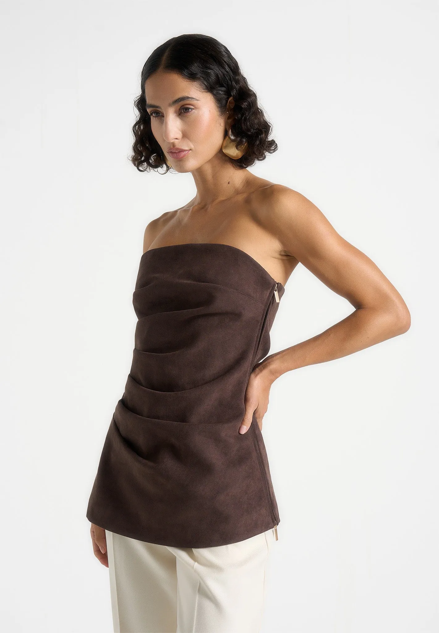 Laurena - Suede Tacked Longline Bandeau Top - Brown EasyCareFinish