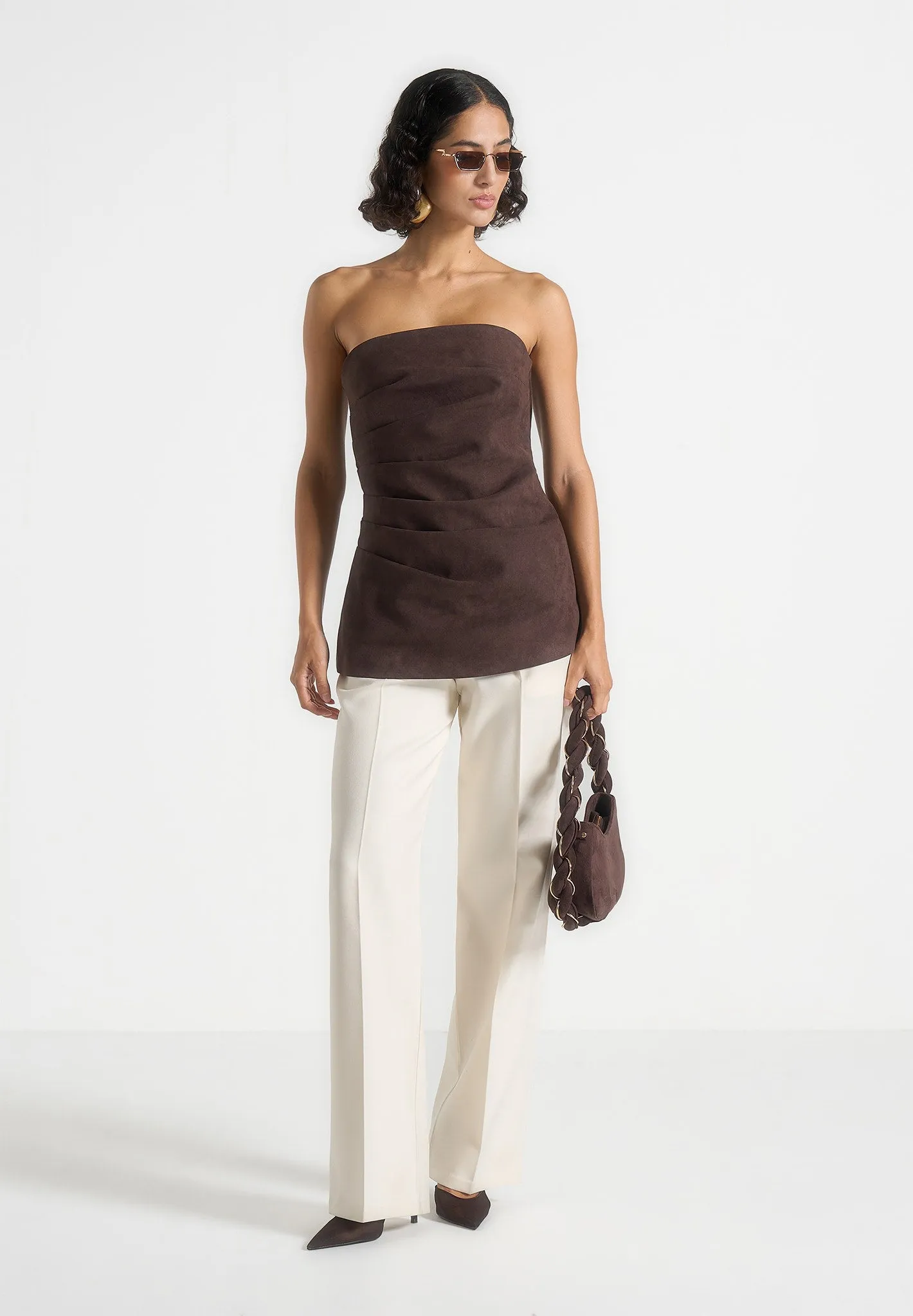 Laurena - Suede Tacked Longline Bandeau Top - Brown Active Outfit