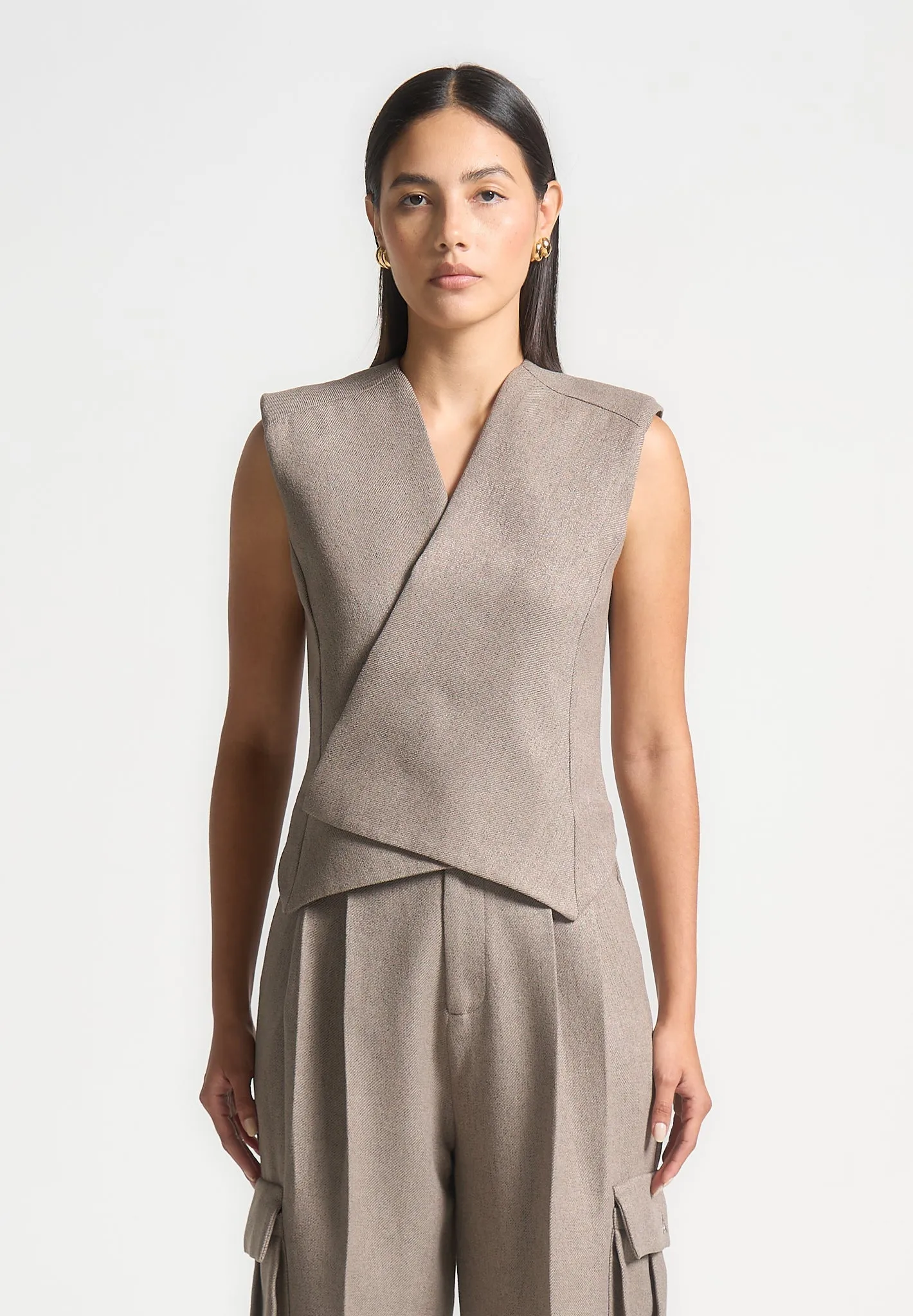 Laurence - Textured Tailored Wrap Waistcoat - Taupe Polished Finish