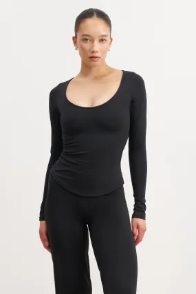 Base Sculpting Scoop Neck Long Sleeve Top - Black wedding guest wear Mass produced