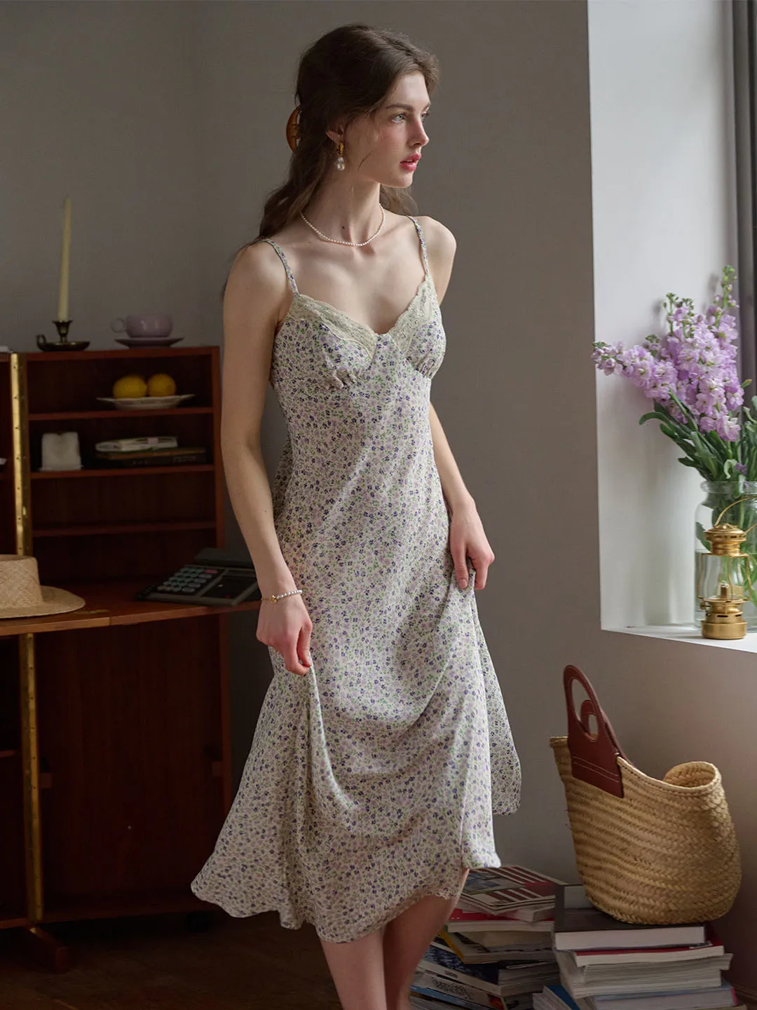 Juliana Lace Patchwork V-neck Floral Suspender Dress-Apricot Cool Simplicity