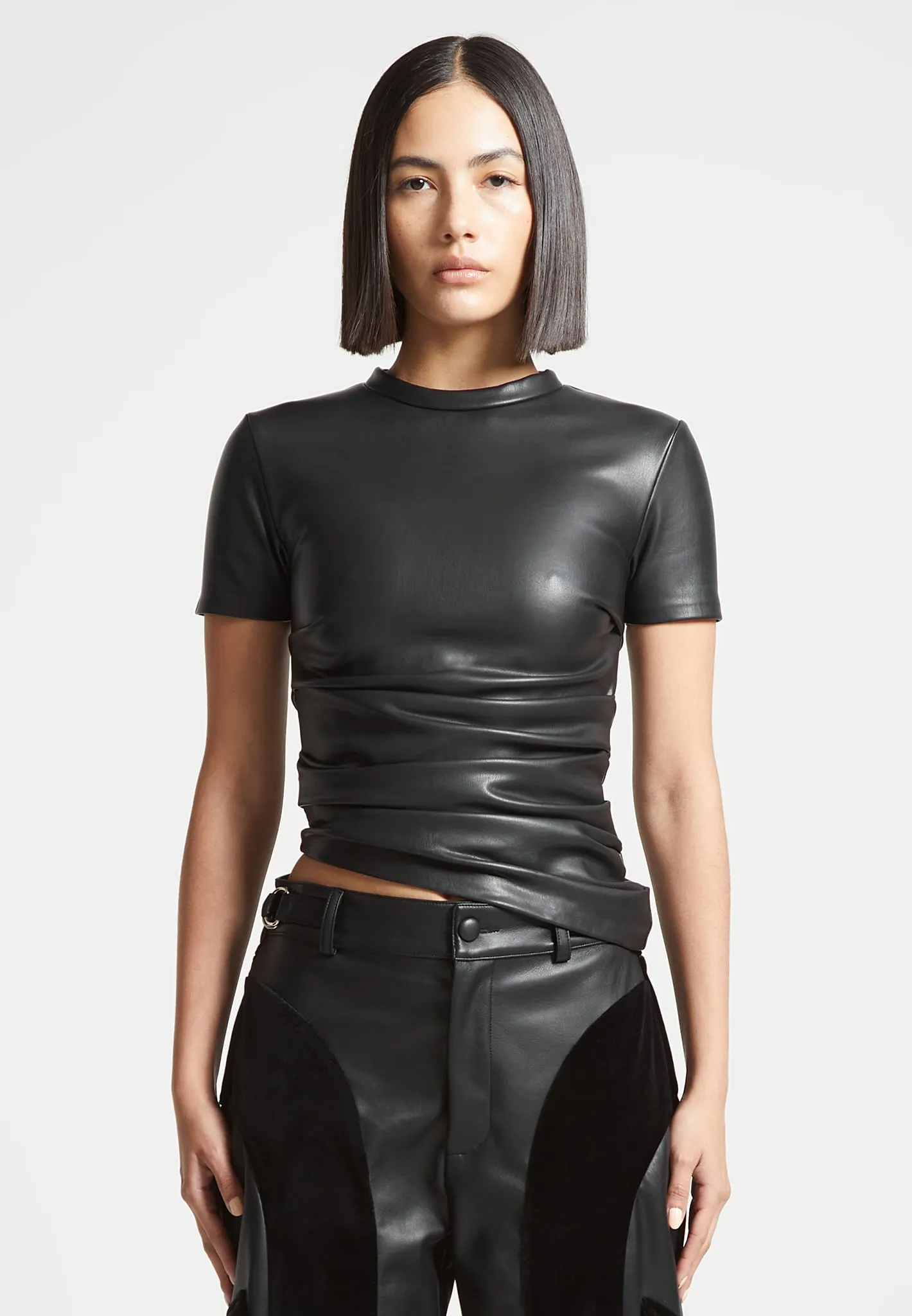 Leather Ruched T-Shirt - Black Soft Fabric