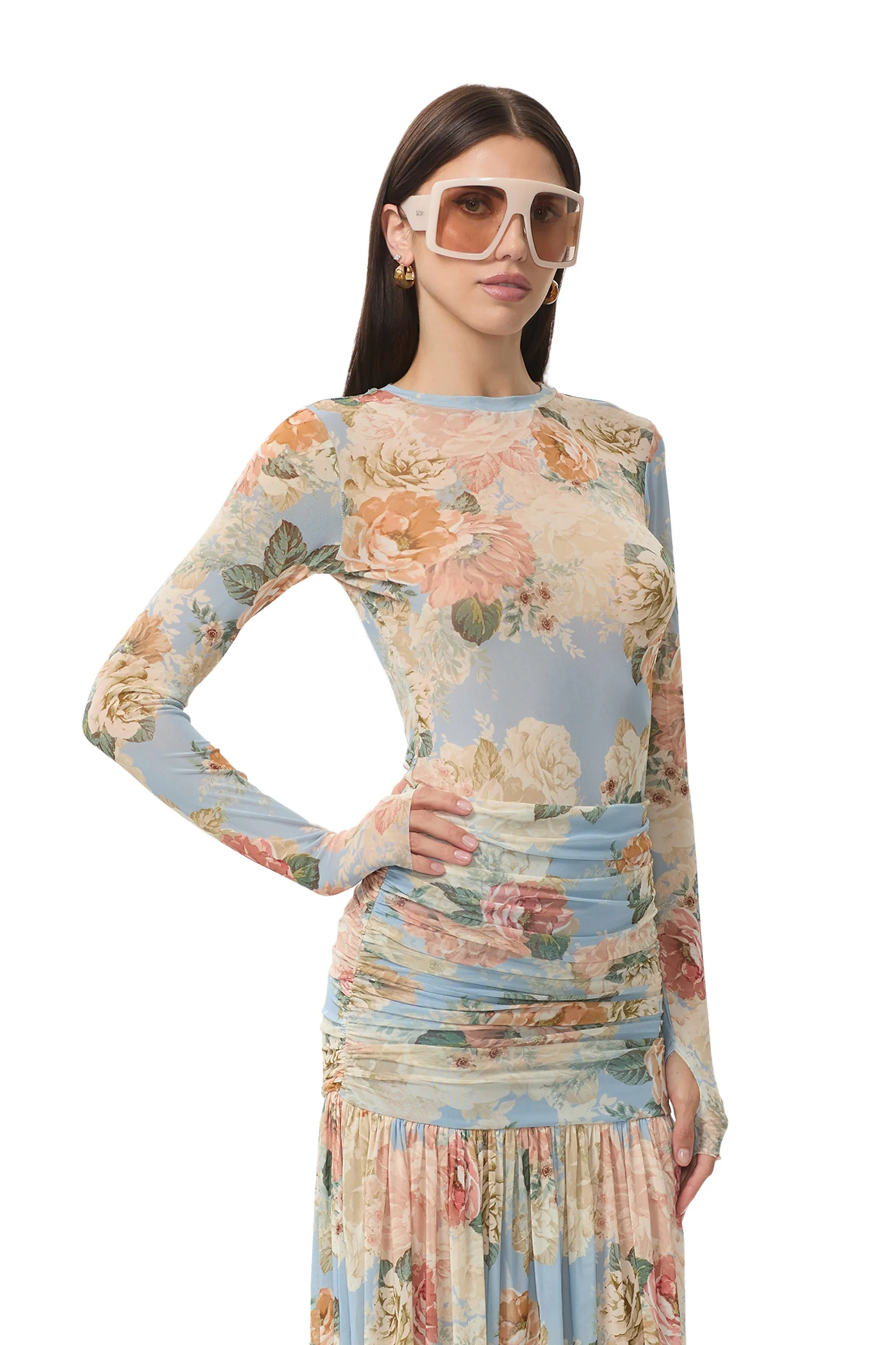 Kaylee Top - Soft Slate Bloom QuickDryTechnology Curved Hemline