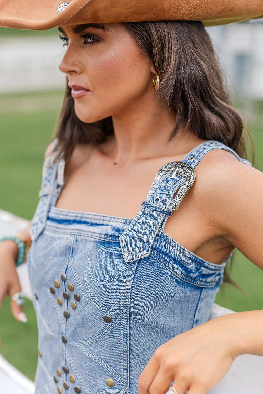 Stampede Buckle Dress-Denim Casual Tank Active Blouse