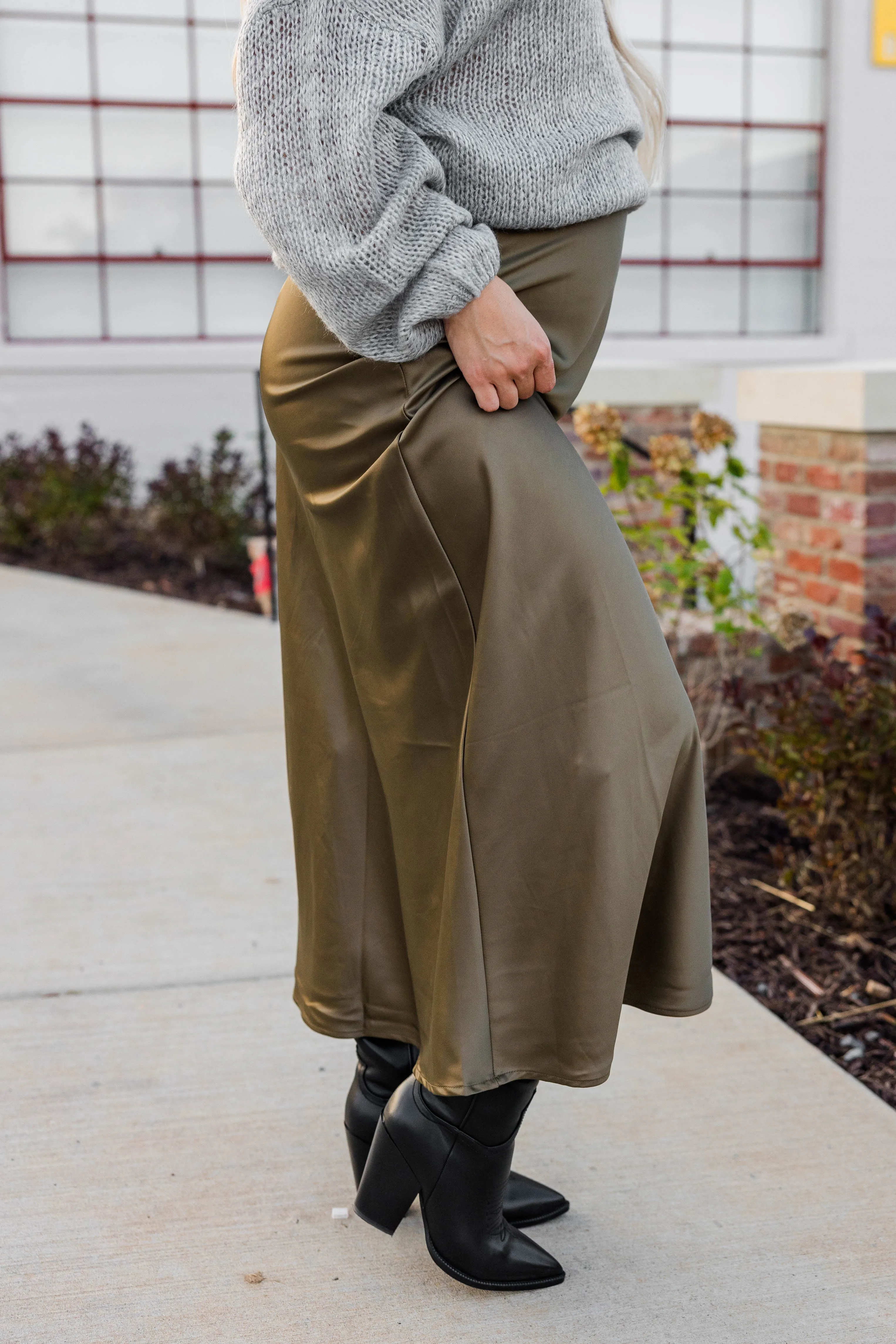 BreathableFabric Built In Filter Layer Kacey Satin Maxi Skirt - Olive