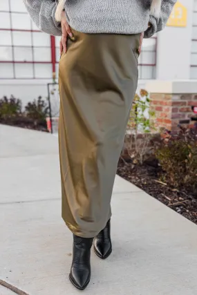 Kacey Satin Maxi Skirt - Olive Natural Fiber Blend Smooth Interior Lining