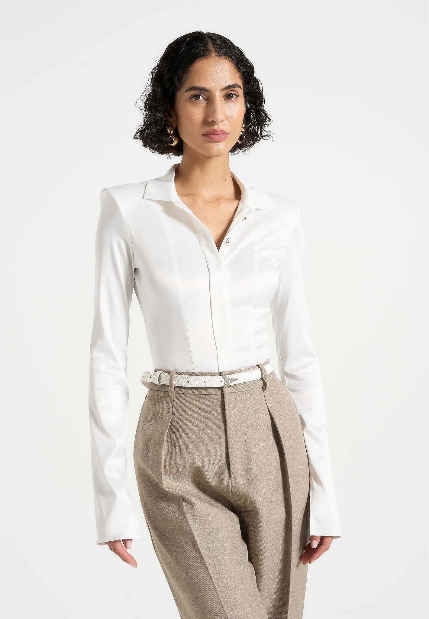 Odor-resistant Louise - Wide Shoulder Satin Shirt Bodysuit - Off White