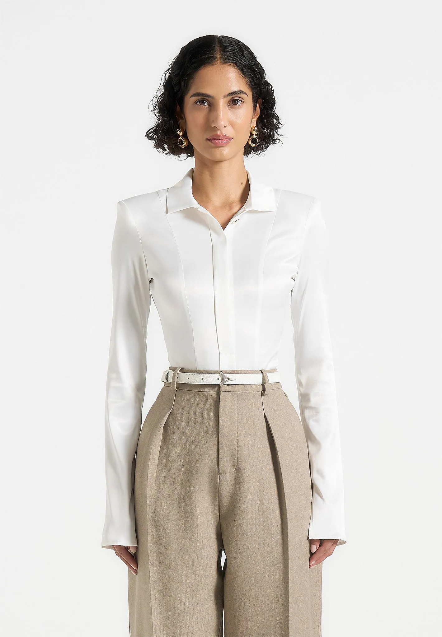 Easy Fit Quality Fabric Louise - Wide Shoulder Satin Shirt Bodysuit - Off White