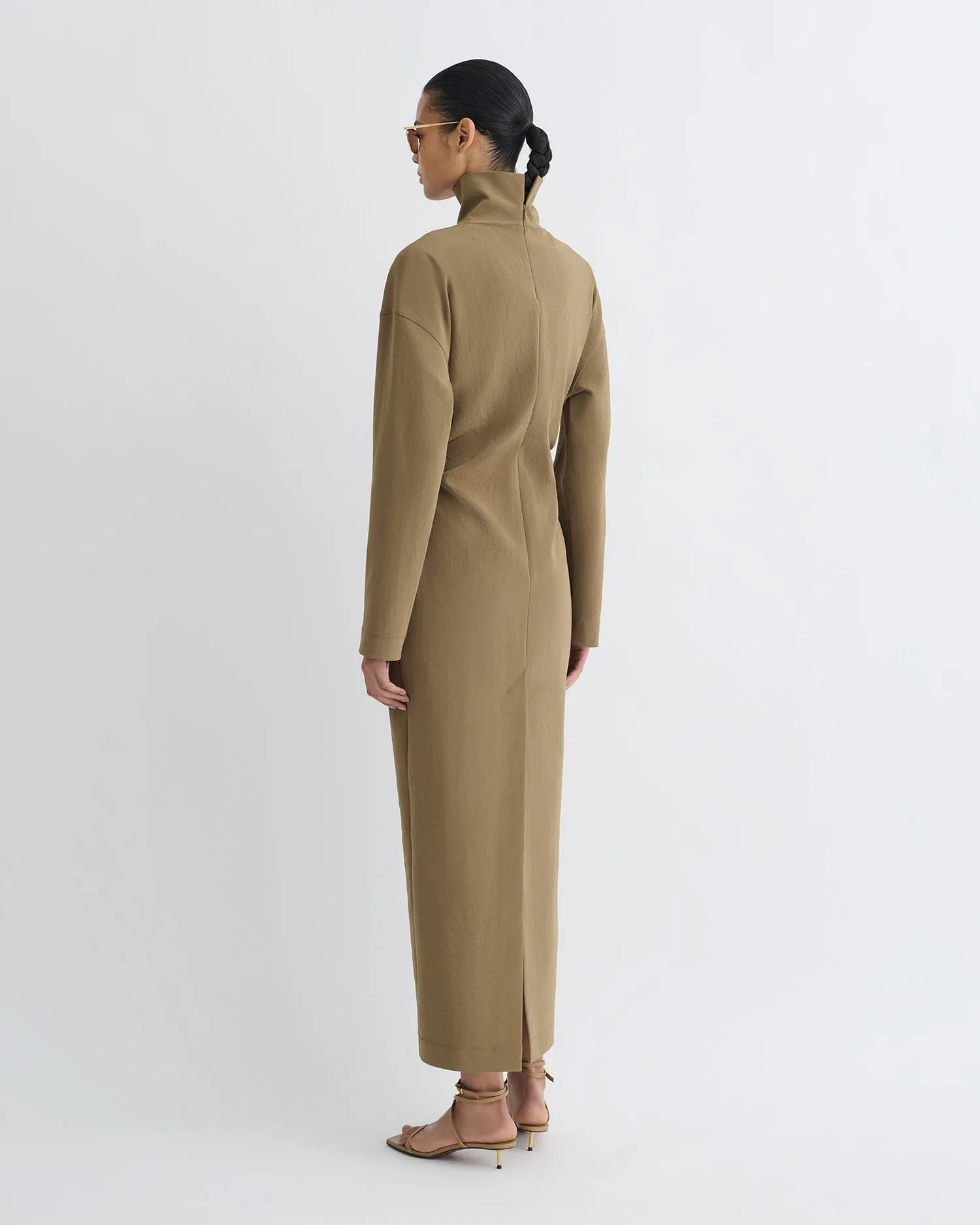 Jamson - Draped Paper Jersey Turtleneck Dress - Brown Snag Resistant Fabric