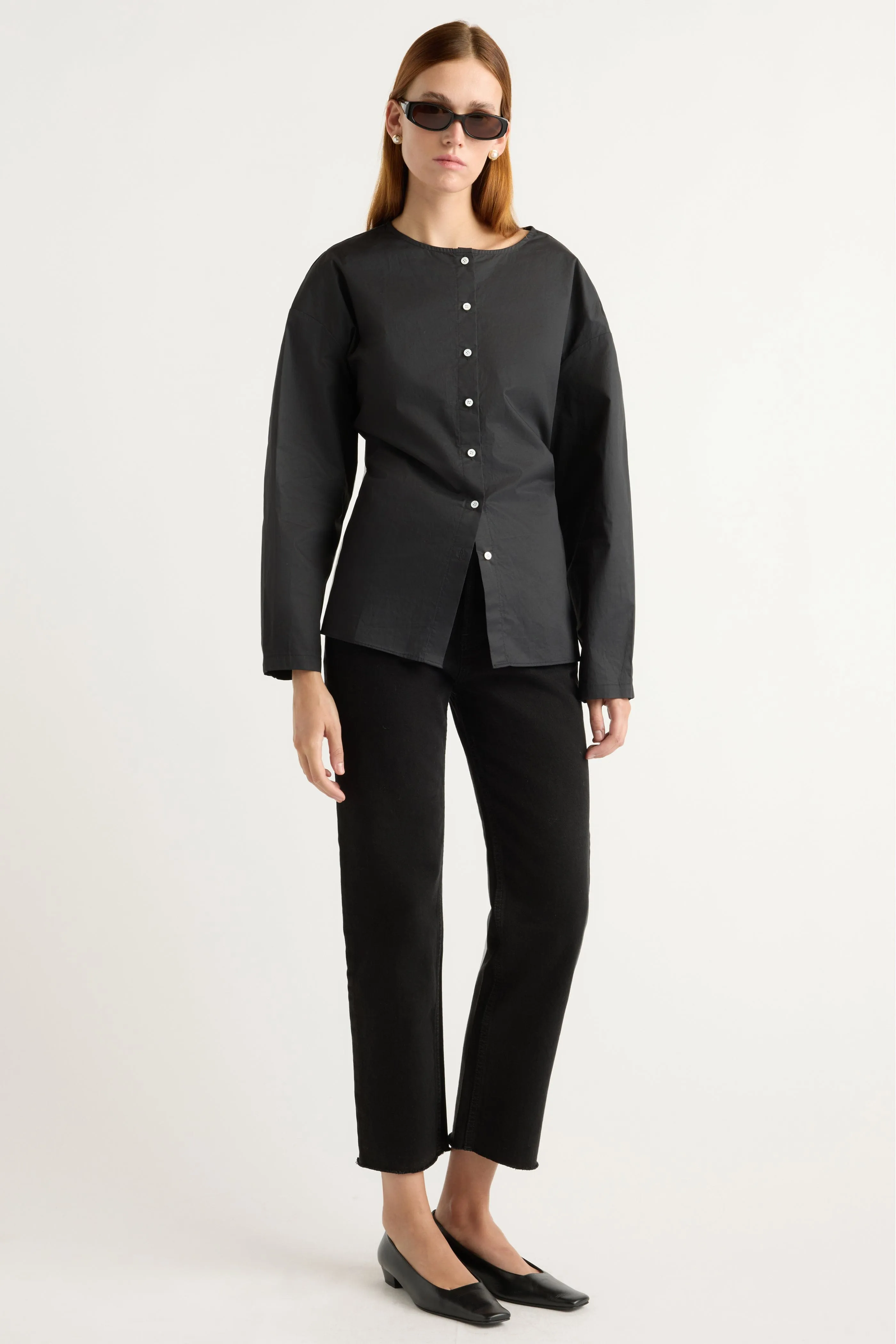 Jinsol Cinch-Waist Cotton Poplin Blouse ReflectiveTrimDetails