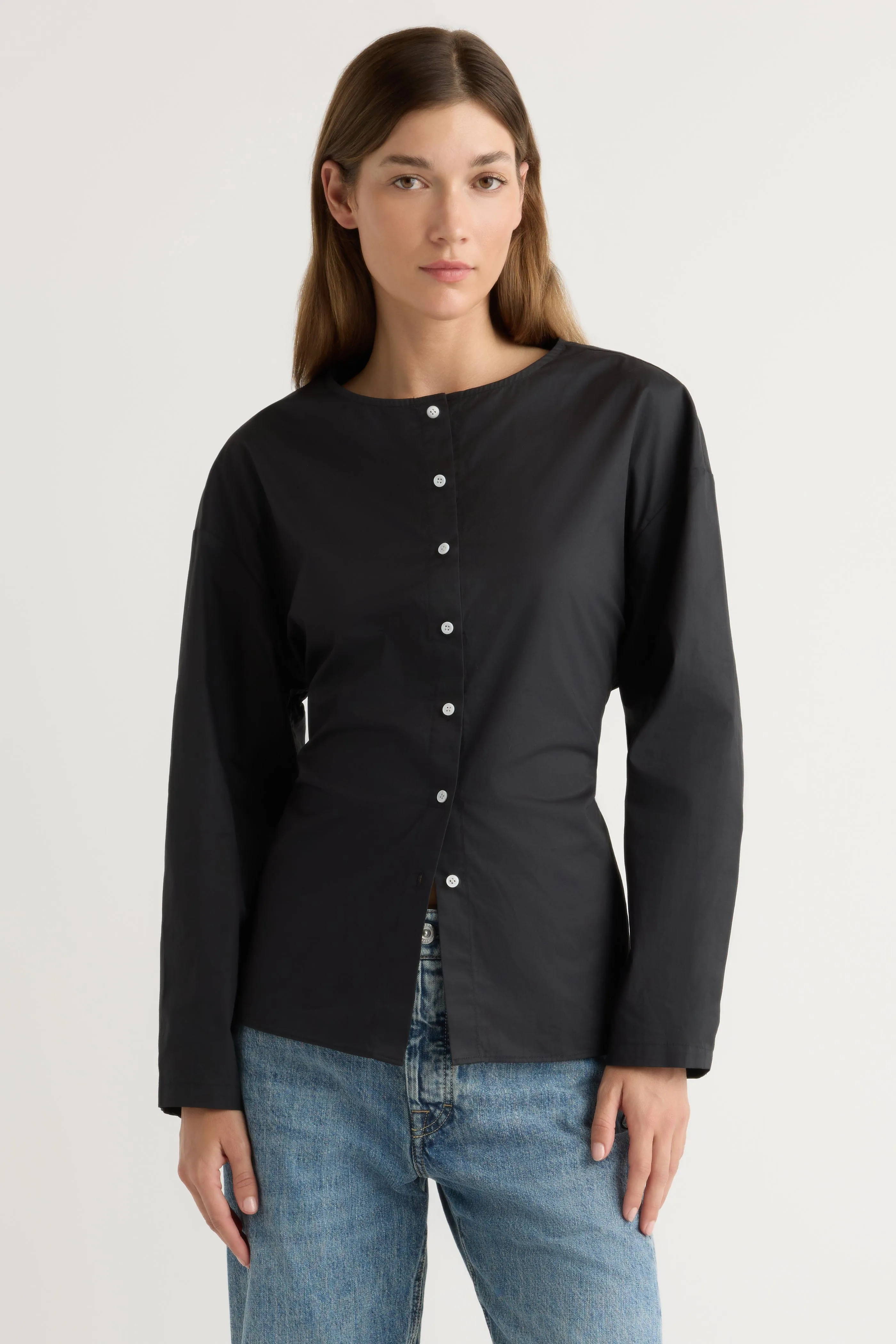 DoubleLayered Neckline Jinsol Cinch-Waist Cotton Poplin Blouse