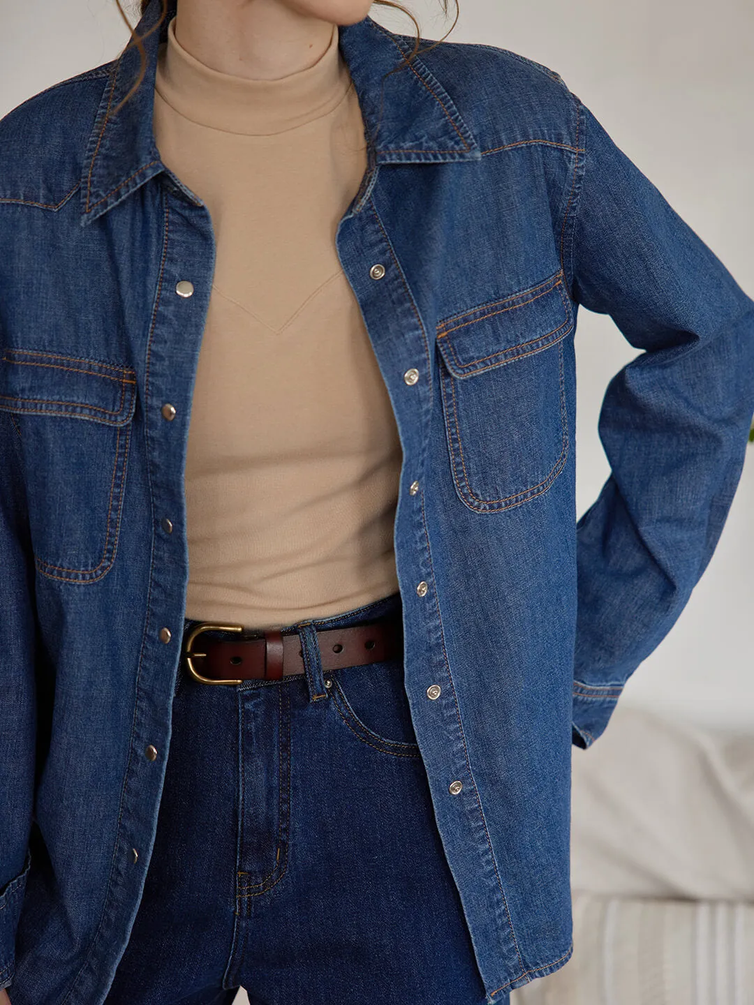 Base Outfit Flexible Waistband Construction Layla Blue Denim Shirt
