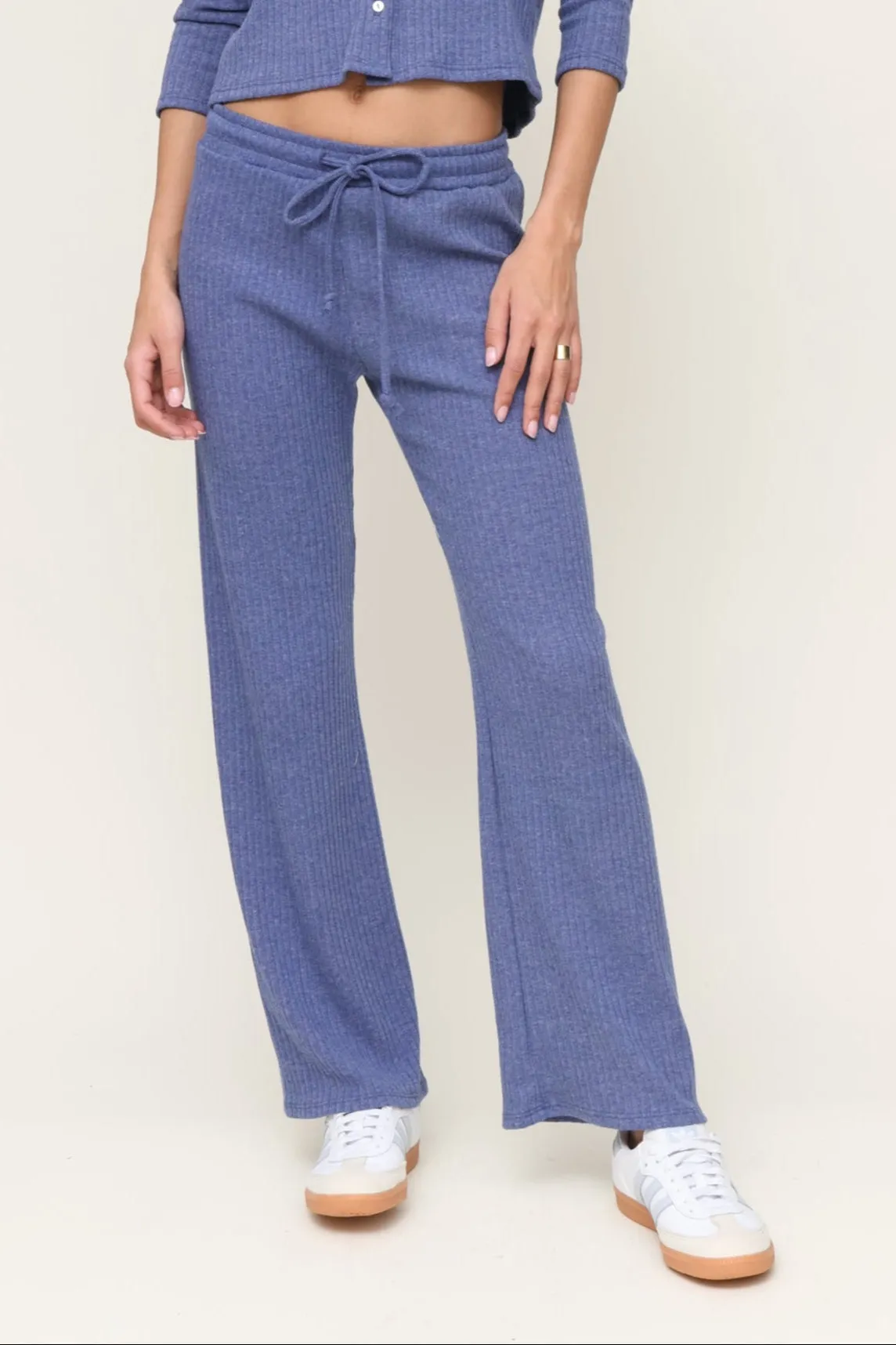 Stretch Fabric Reinforced Neckline Detail Lazy Day Rib Wide Leg Pant