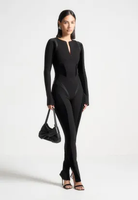 ButterSoftTexture Leather and Bandage Contour Jumpsuit - Black
