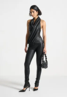 Leather Draped Halterneck Top - Black Essential Clothing Cozy Wear