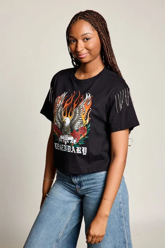 Legendary Eagle Rhinestone Fringe Tee StaticResistant Material SubtleTexture