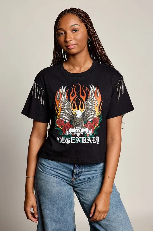 Legendary Eagle Rhinestone Fringe Tee CrewNeck TemperatureRegulating