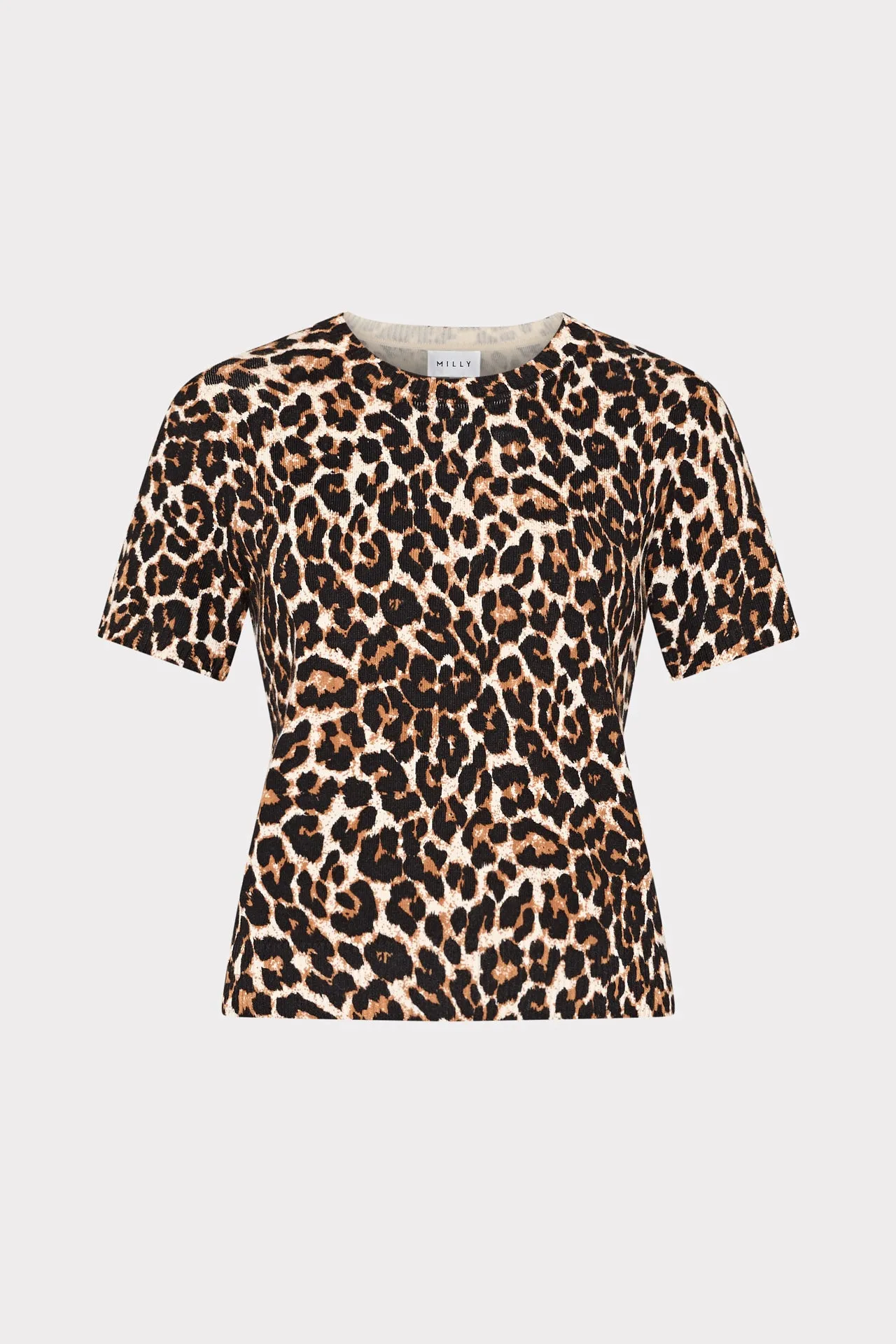 Leopard Print Short Sleeve Knit Top Temperature Regulating Fibers Sporty Top