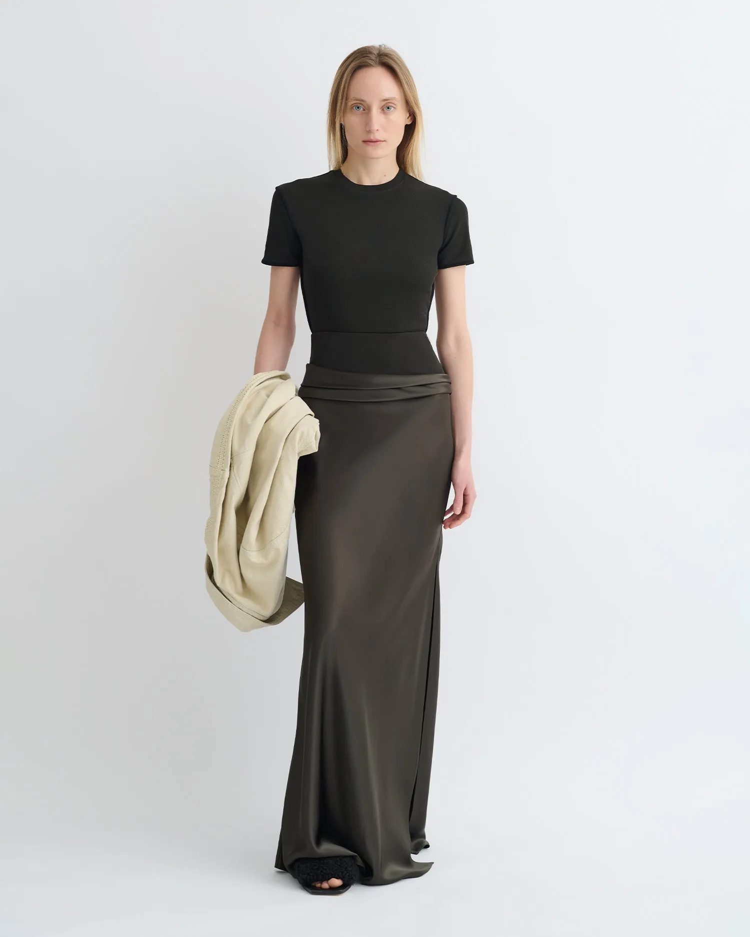 BondedEdges Garment Washed Softness Letto - Mesh Jersey and Slip Satin Skirt - Dark Green/Anthracite