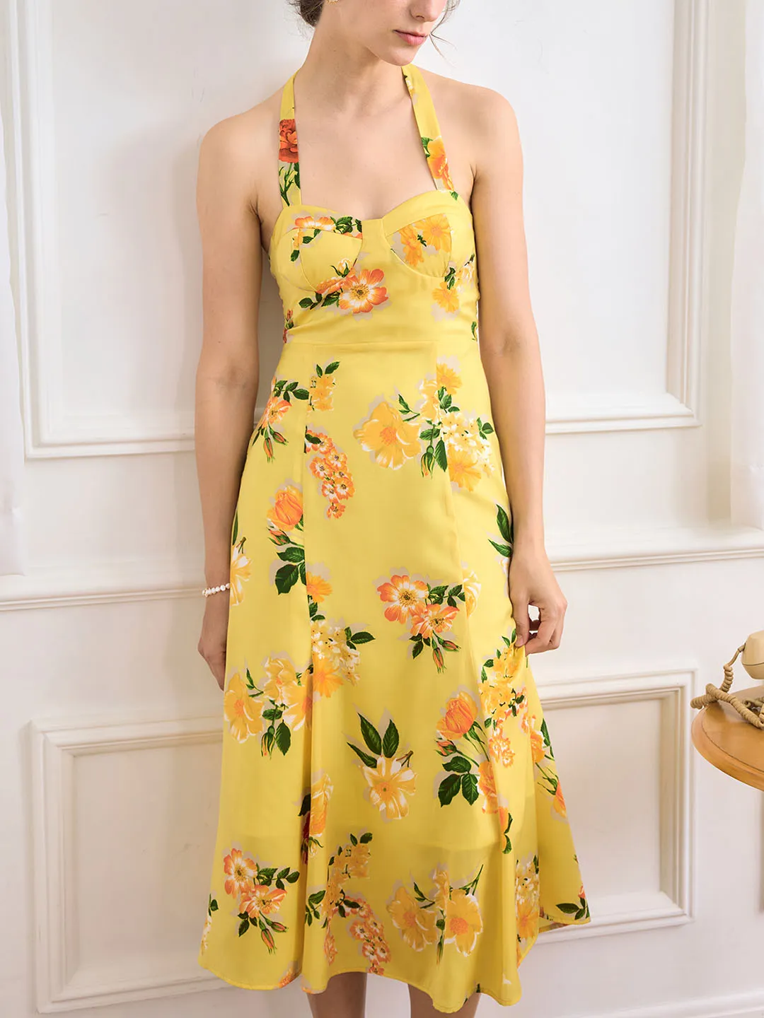 Birthday-Celebration Insulating-Lining Liberty Chiffon Print Halter Neck Dress