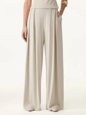 Moisture Lock Technology Compression Support Lining Sandwashed Mid Rise Pleated Wide Leg Palazzo Pants with Pockets