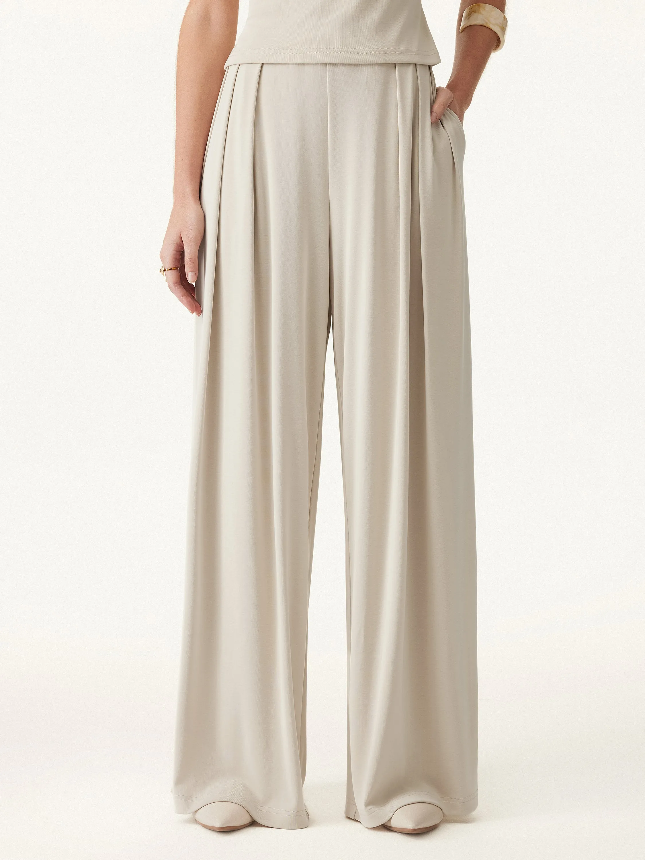 Sandwashed Mid Rise Pleated Wide Leg Palazzo Pants with Pockets Timeless Style