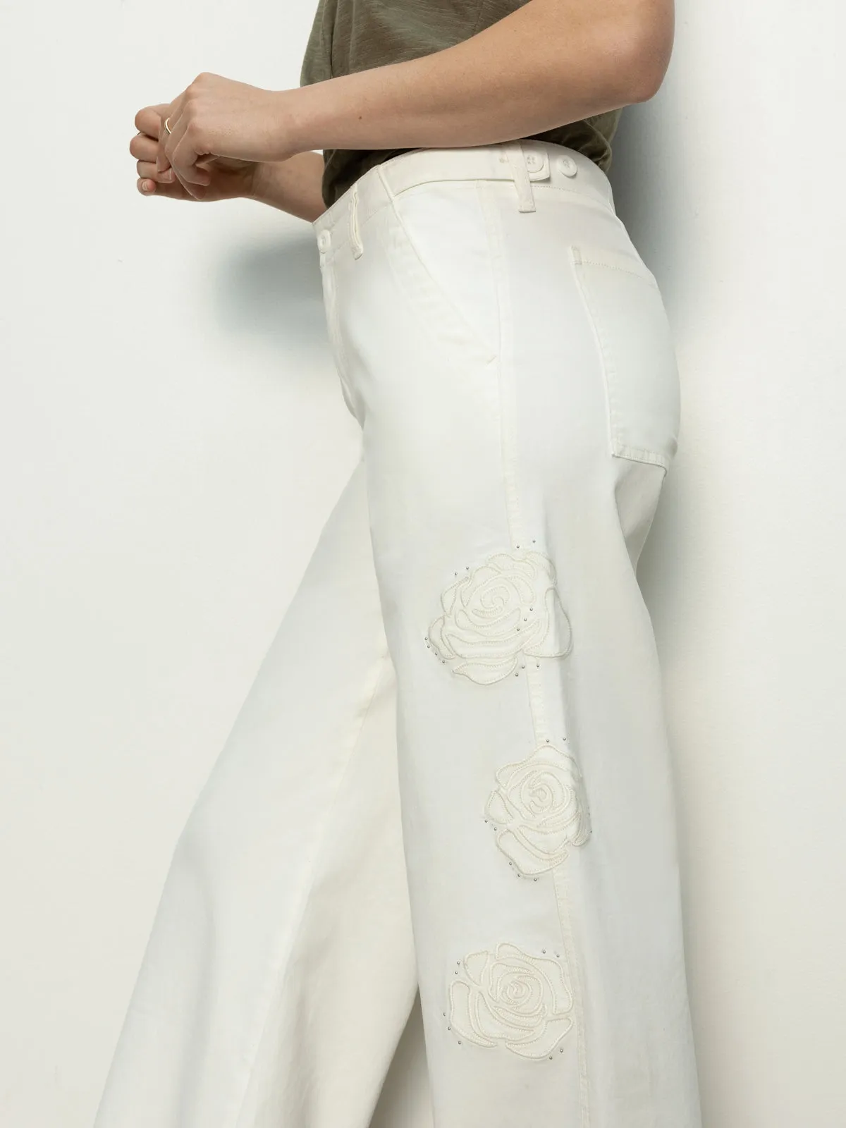 Recycled Polyester ruffles Rosette Army High Rise Pant Powdered Sugar