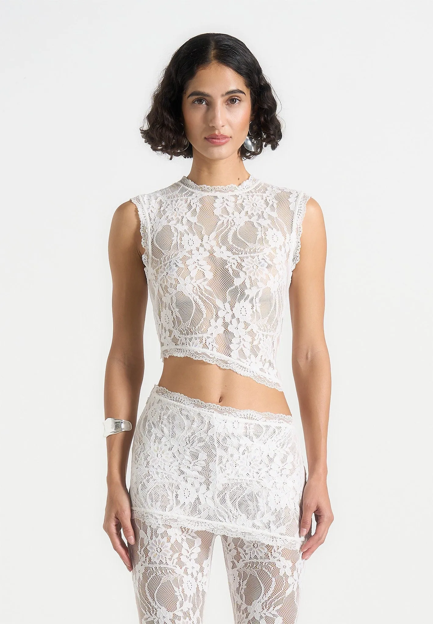 Eugenie - Lace Asymmetric Top - White Basic Layering