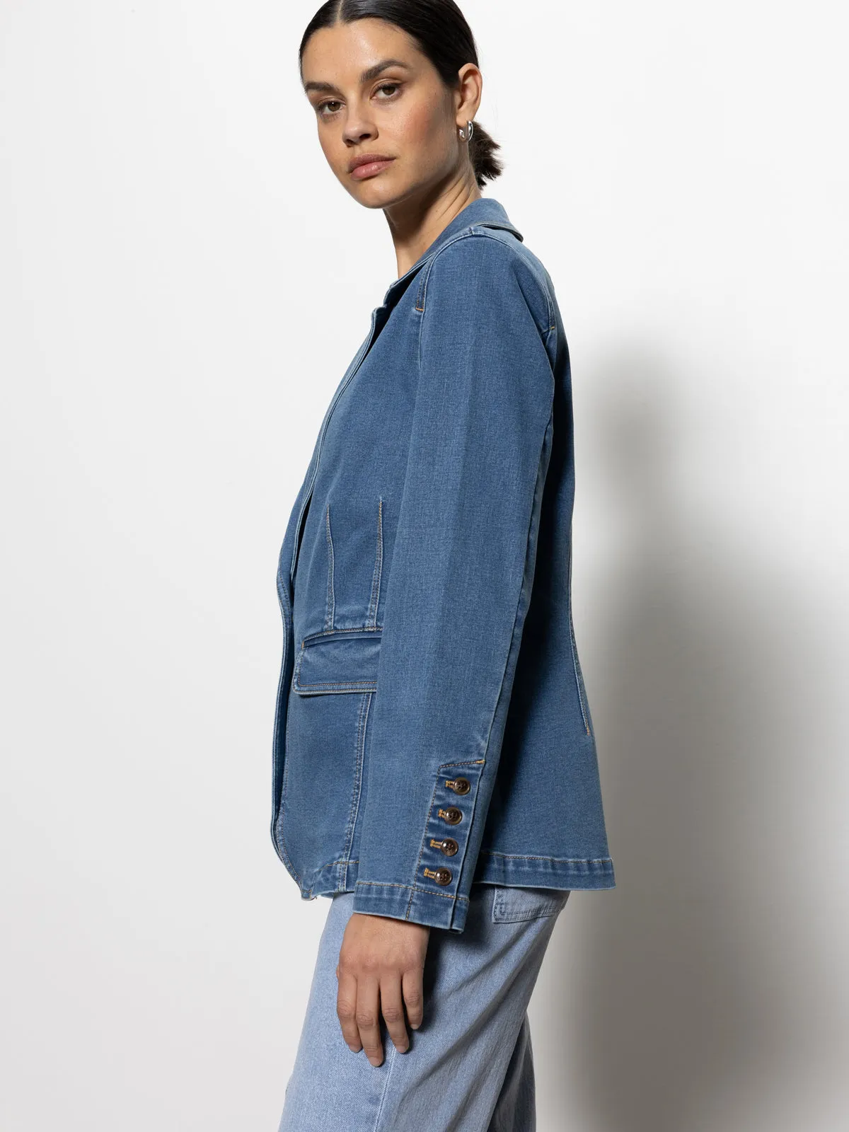 Hypoallergenic lining material Adjustable Waistband Sculpted Denim Blazer Best In Show