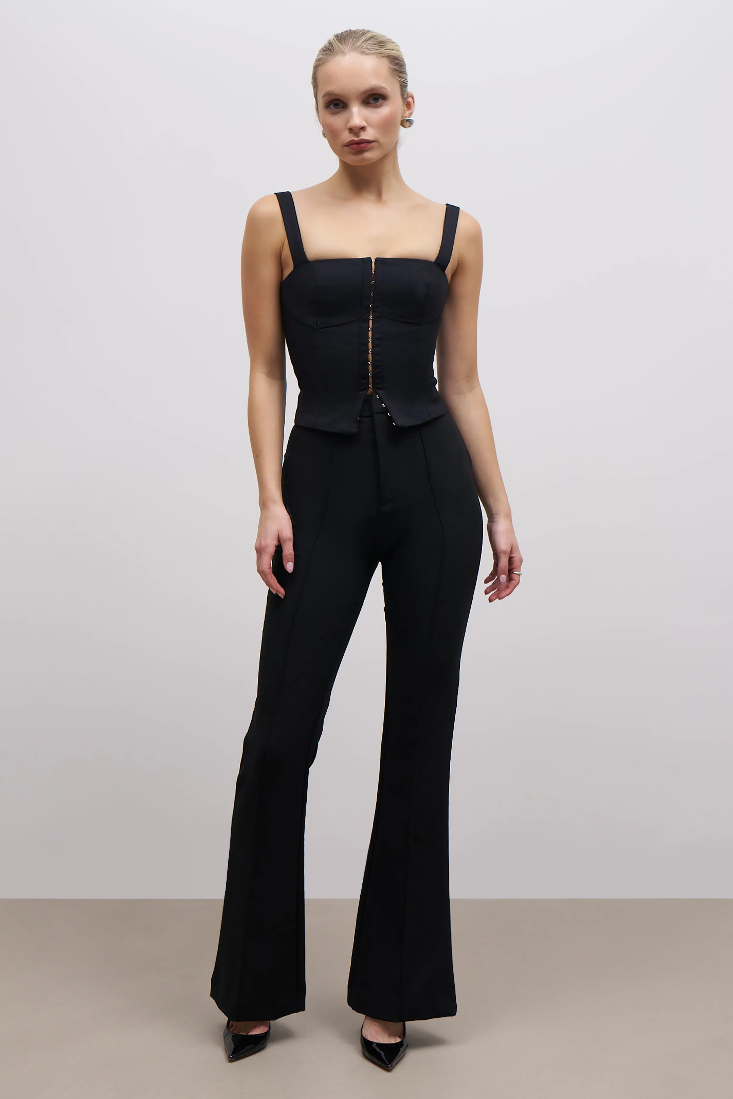 Square Neck Hook & Eye Corset - Black DoubleLayeredFabric