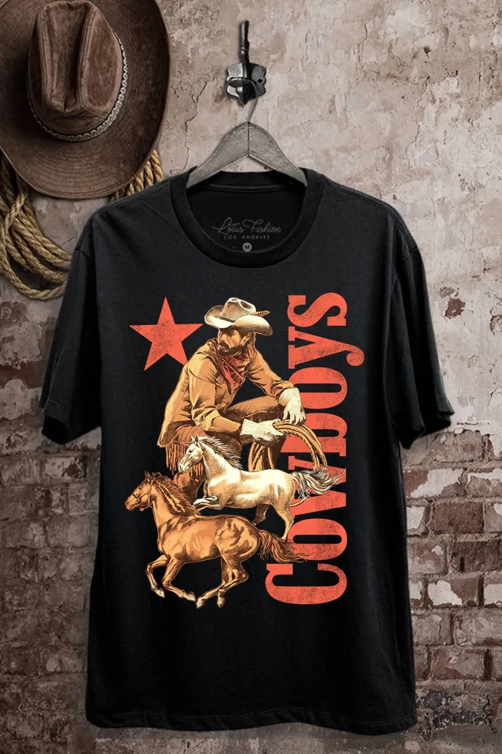 Recycled Material Blend Interlock Knit Cowboys Graphic Top: Black