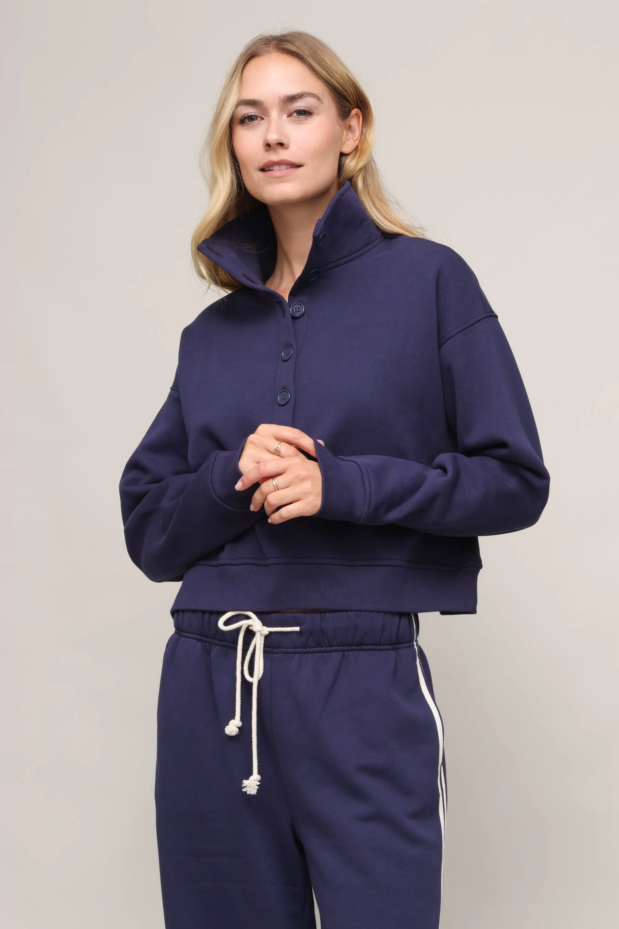 Line Up Button Henley Sweatshirt Elegant Cardigan Cozy Fit