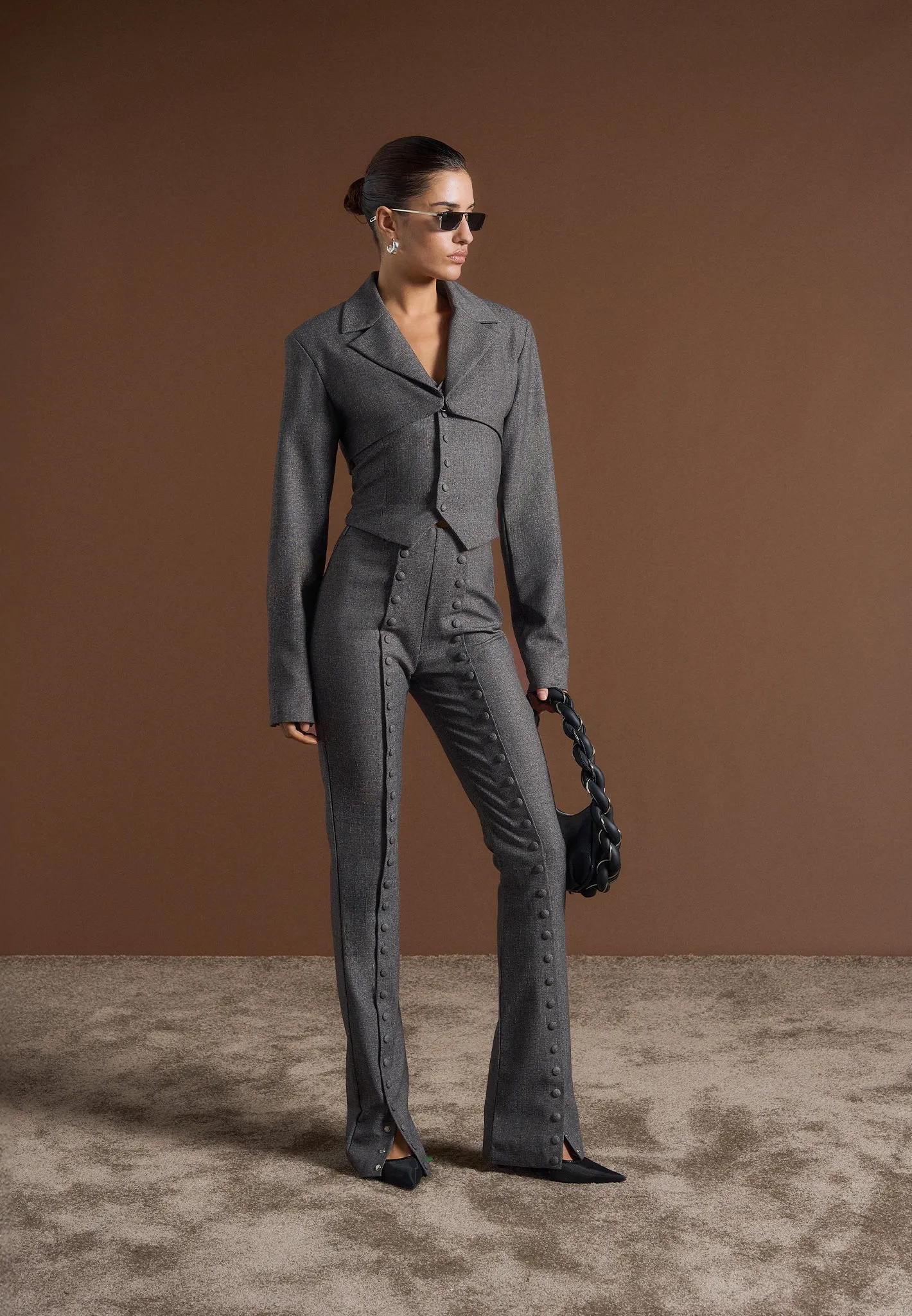 Sleek Silhouette Lise - Cropped Tailored Blazer & Button Detail Bandeau - Dark Grey