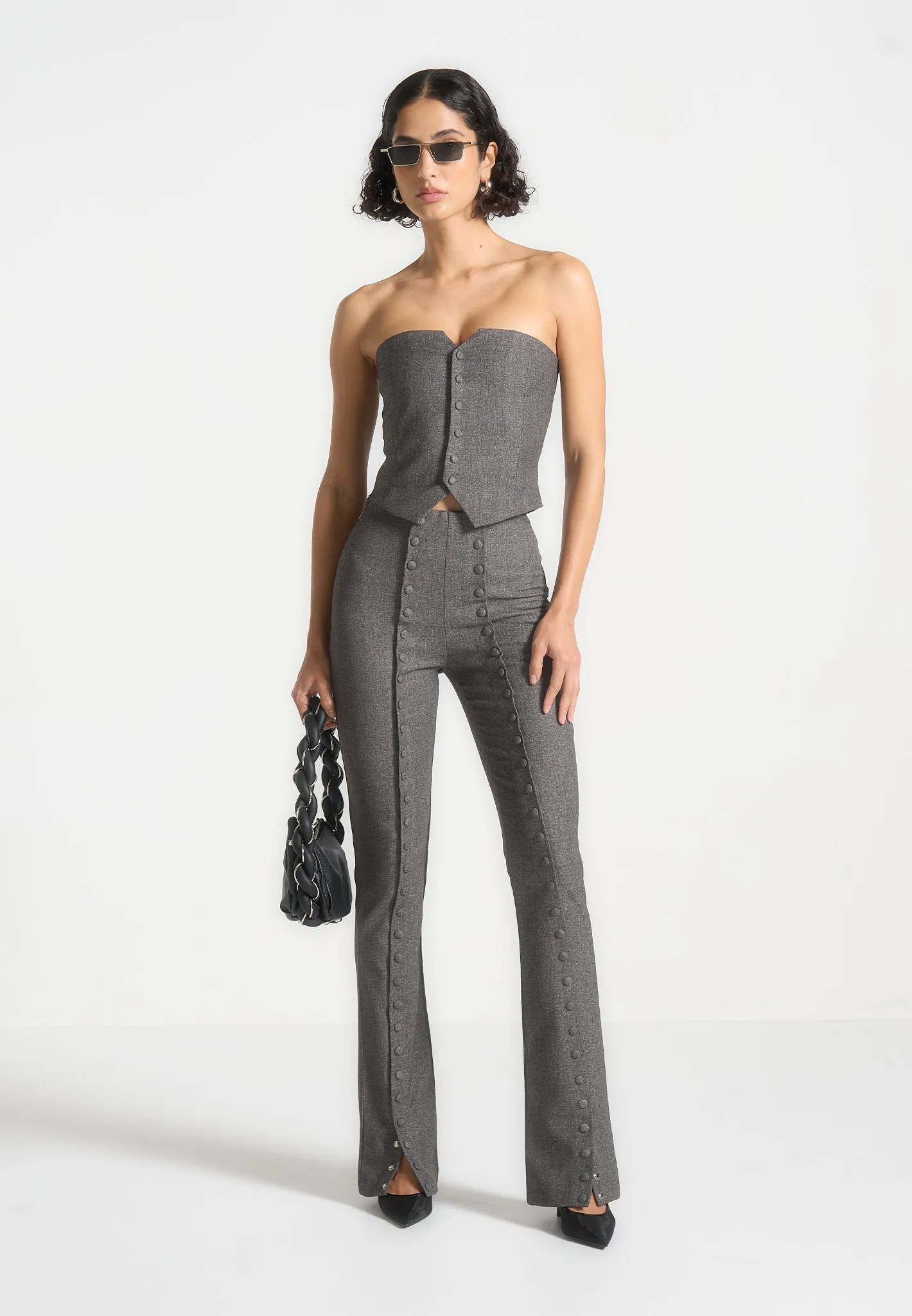 Lise - Cropped Tailored Blazer & Button Detail Bandeau - Dark Grey Timeless Fit Sharp Fit Wear