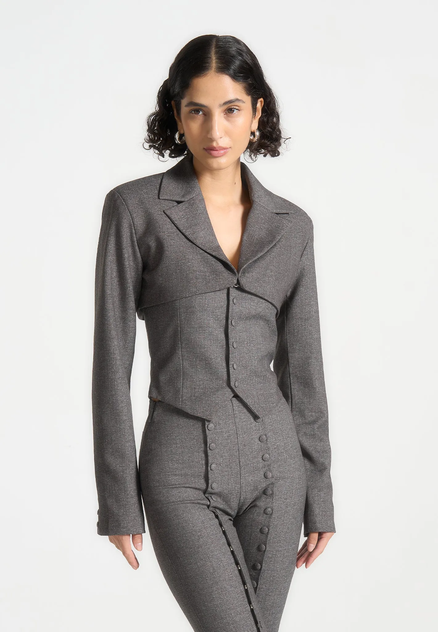 Polished Business Wear Lise - Cropped Tailored Blazer & Button Detail Bandeau - Dark Grey