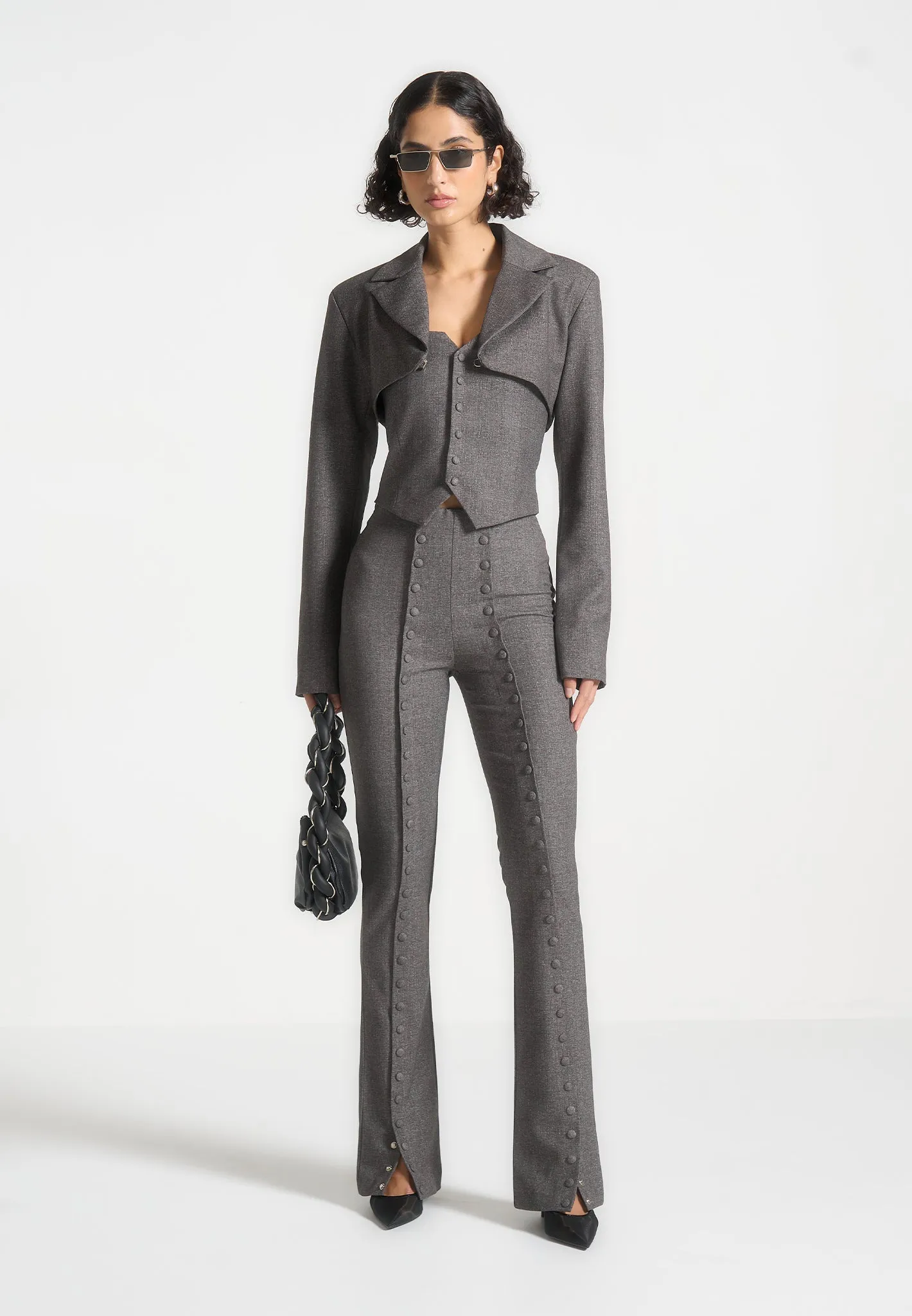 Lise - Cropped Tailored Blazer & Button Detail Bandeau - Dark Grey Tailored to Perfection