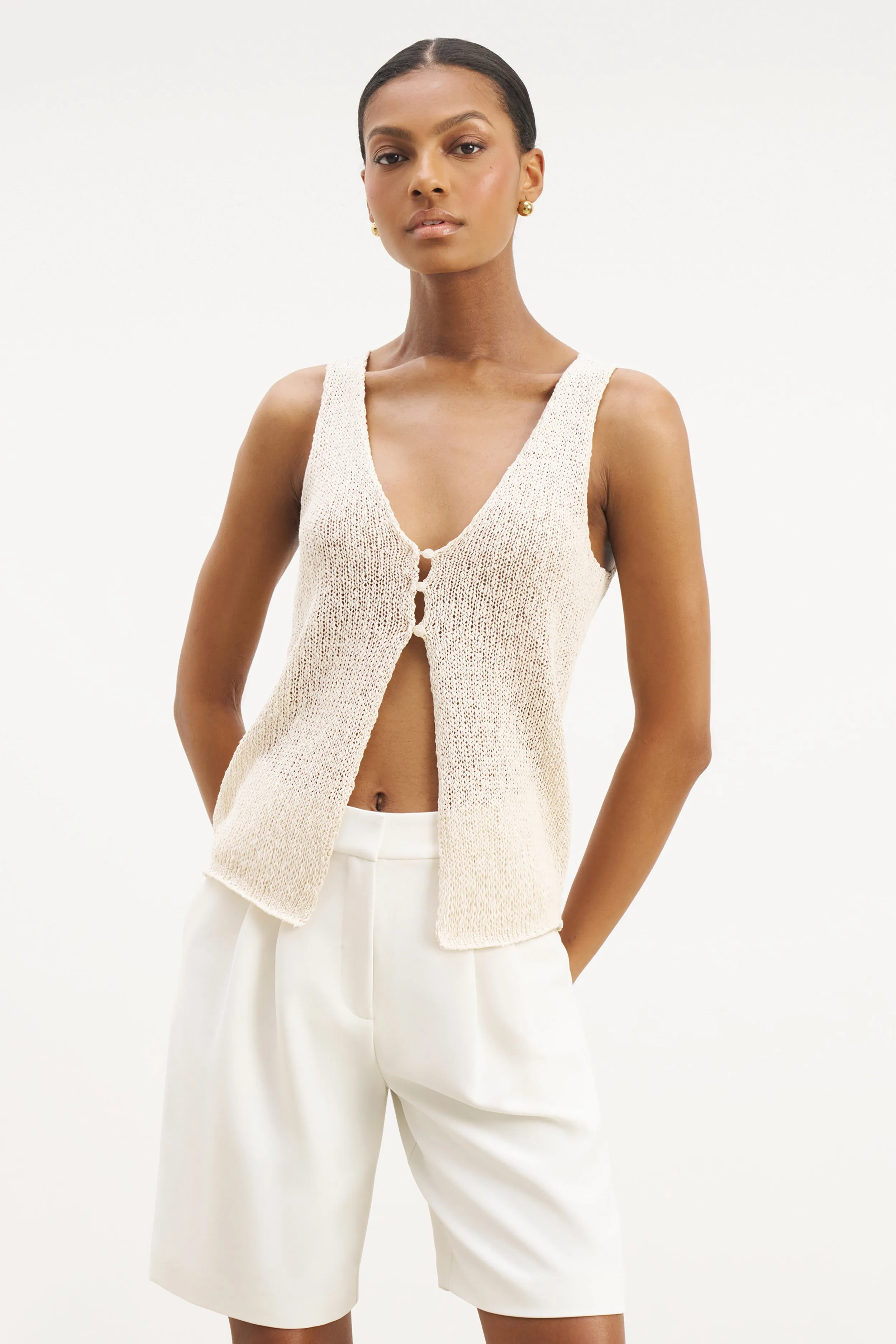 Durable Weave RawHemDetail Crochet Knit V Neck Waistcoat - Cream