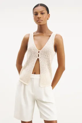 Durable Weave RawHemDetail Crochet Knit V Neck Waistcoat - Cream