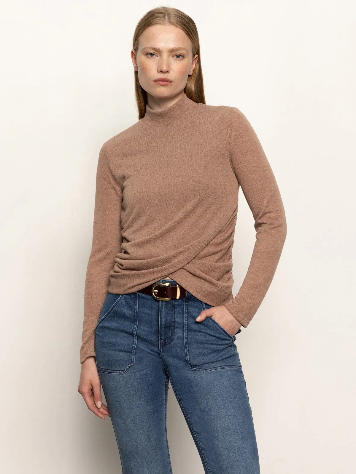 Long Sleeve Draped Mock Neck Top Mocha ThermalInsulation Multipanel Construction