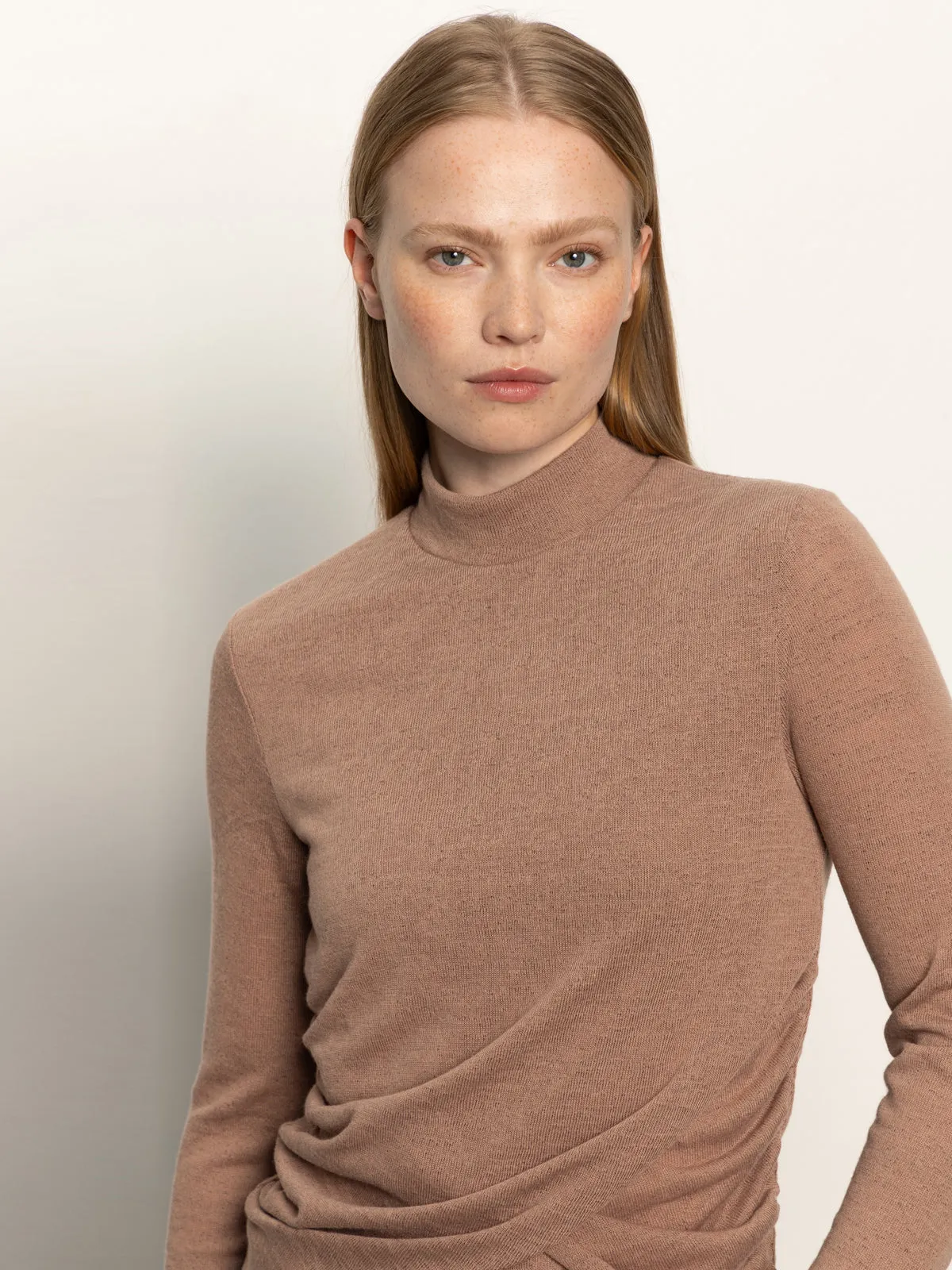 Soft and durable Classic Vibes Long Sleeve Draped Mock Neck Top Mocha