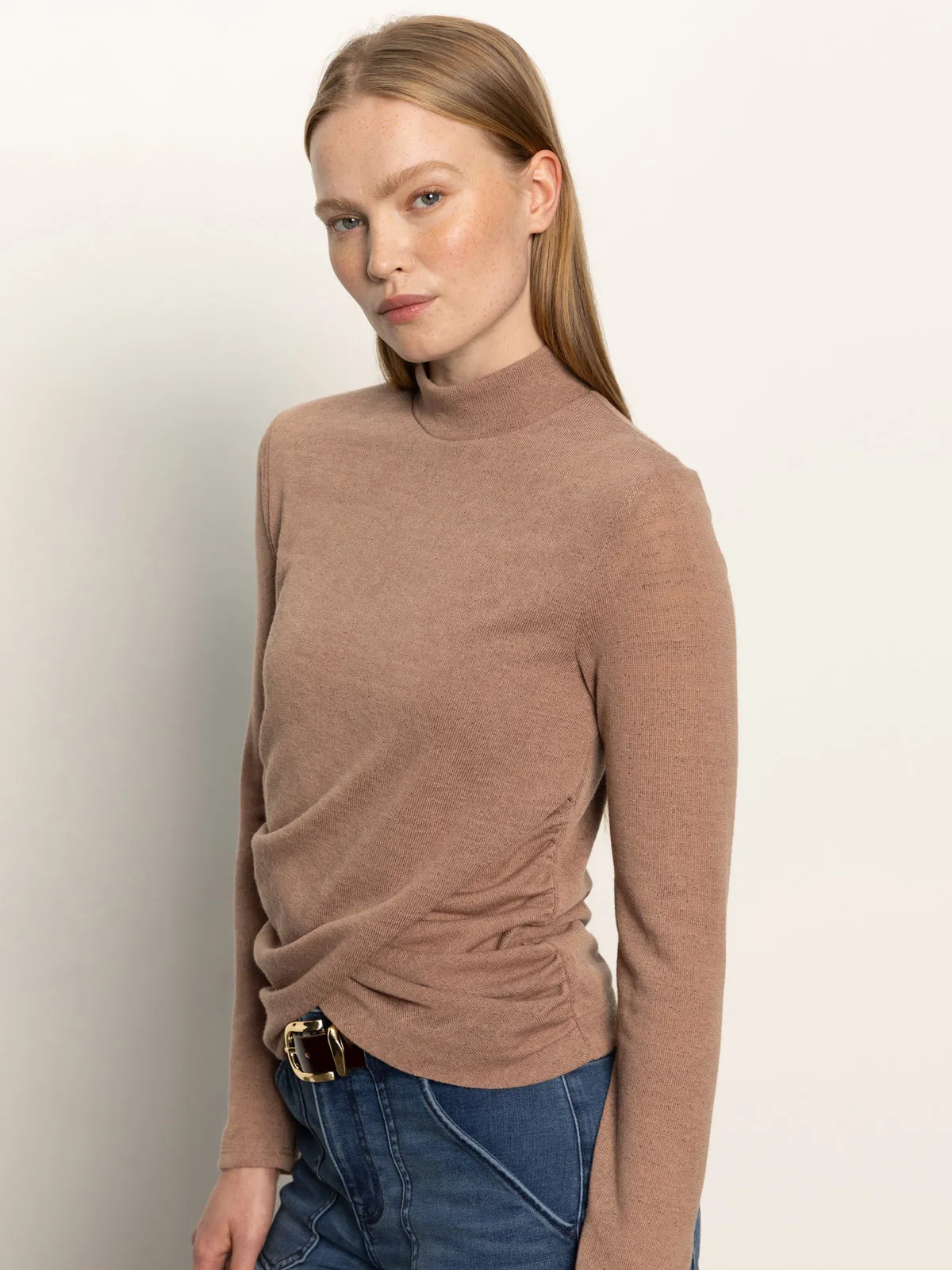 Long Sleeve Draped Mock Neck Top Mocha Resort Vibes Non Corrosive Hardware Components