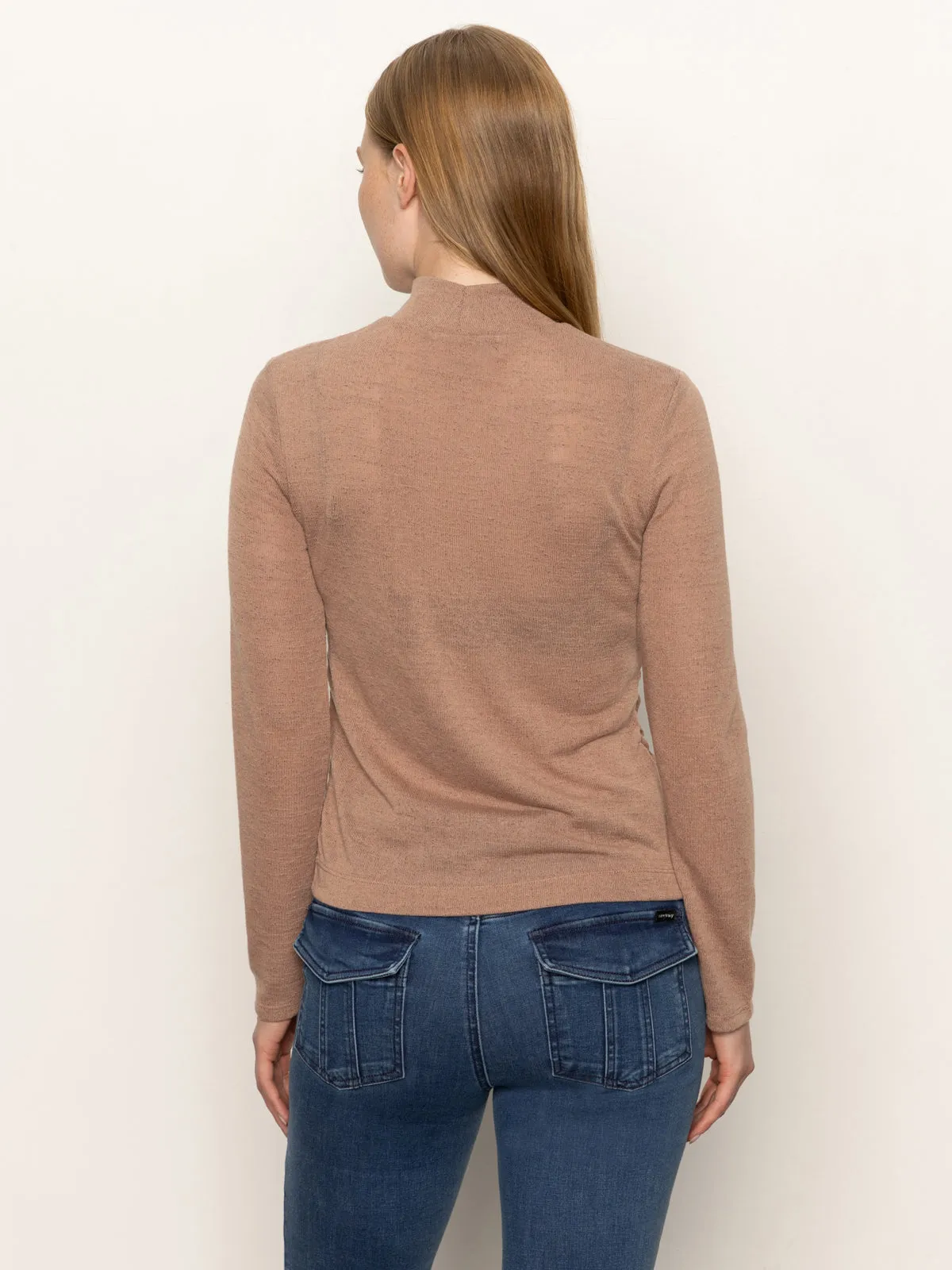 Long Sleeve Draped Mock Neck Top Mocha Tagless Neckline Design