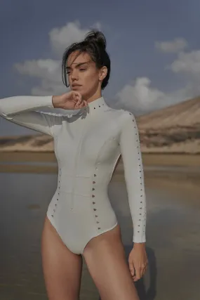 Ruched Long Sleeve Open Back Laser Cut Surfsuit