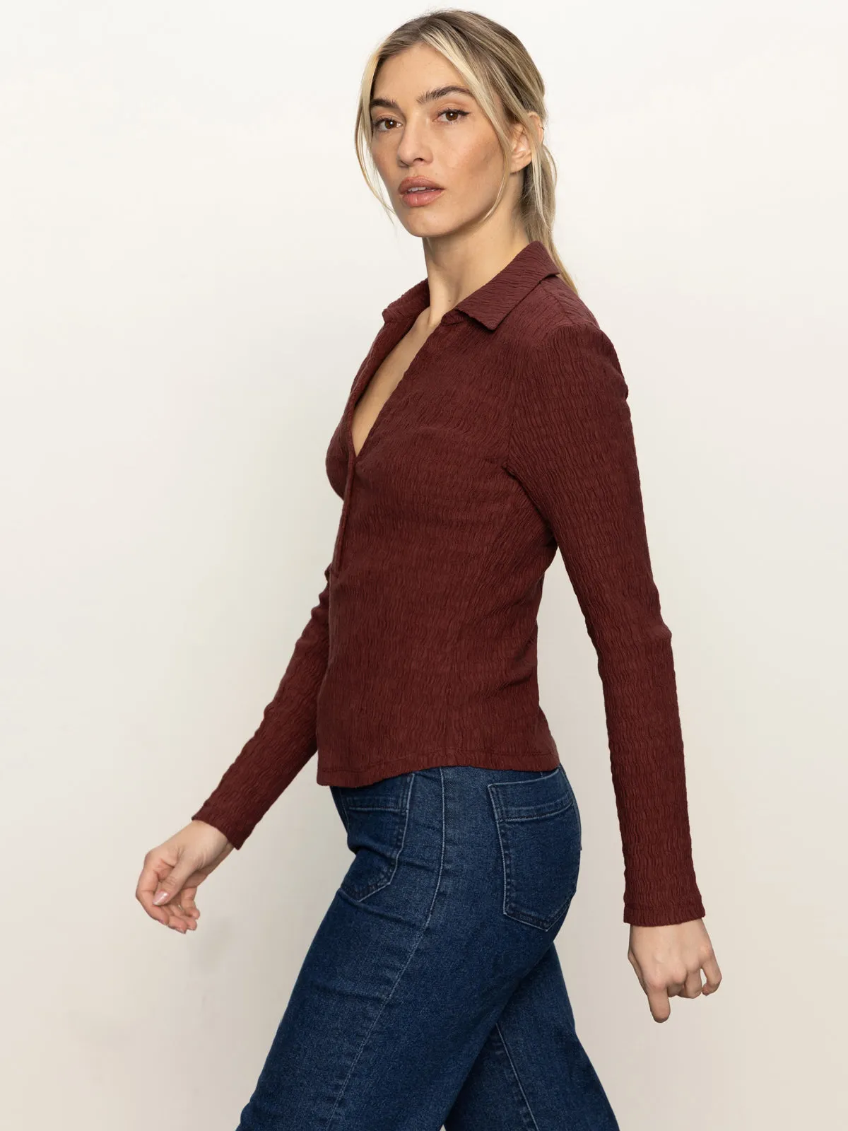 Long Sleeve Textured Top Chicory Adjustable Hem Cuff HeatRegulating