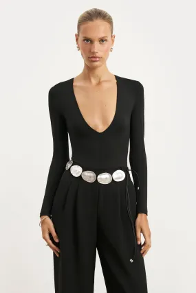 ThermalRegulating NonToxicCoating Longsleeve V Neck Plunge Bodysuit - Black